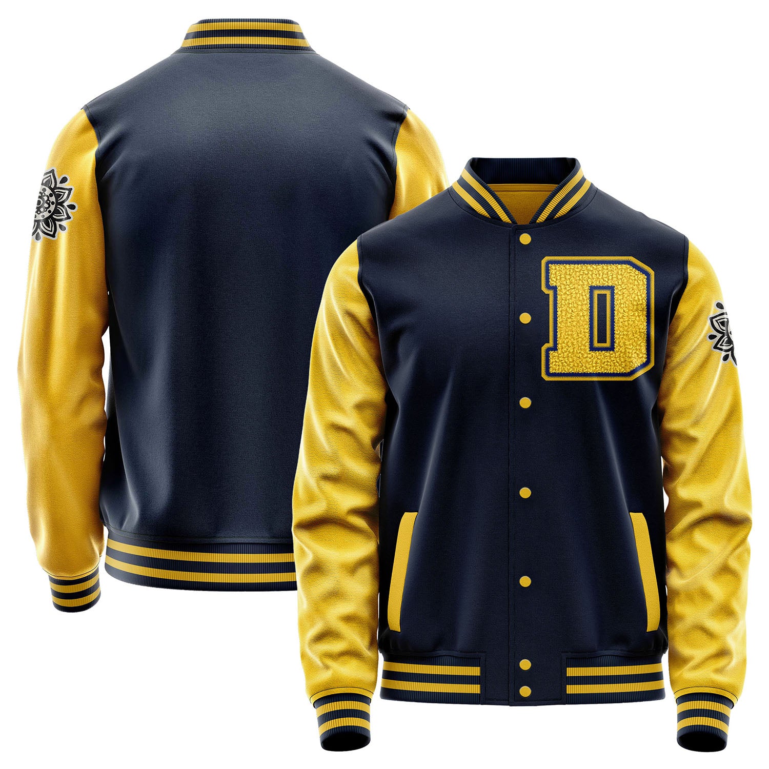 Custom Navy Blue Varsity Jacket Patches Egg Yellow Leather Sleeves - Flower