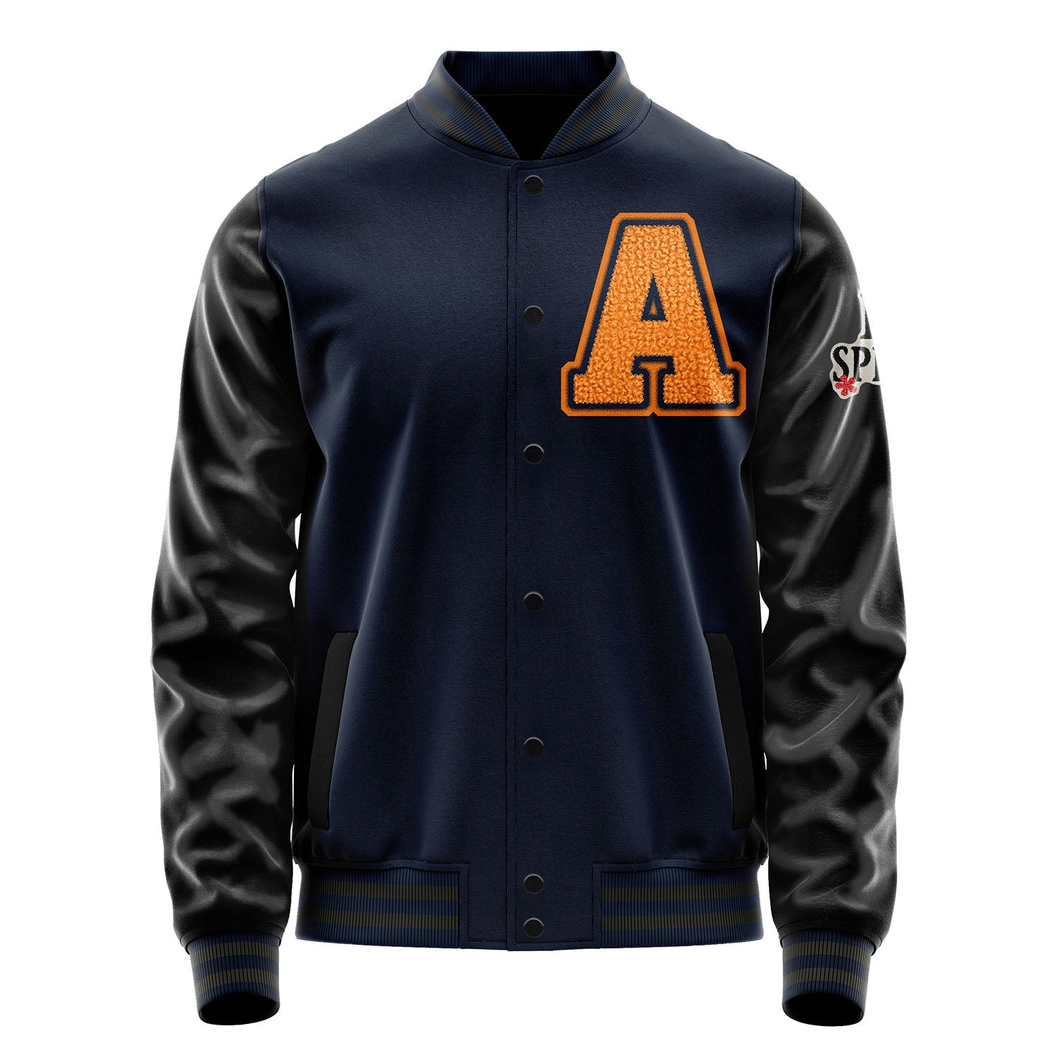 Custom Navy Blue Varsity Jacket Patches Black Leather Sleeves - I Love Spring