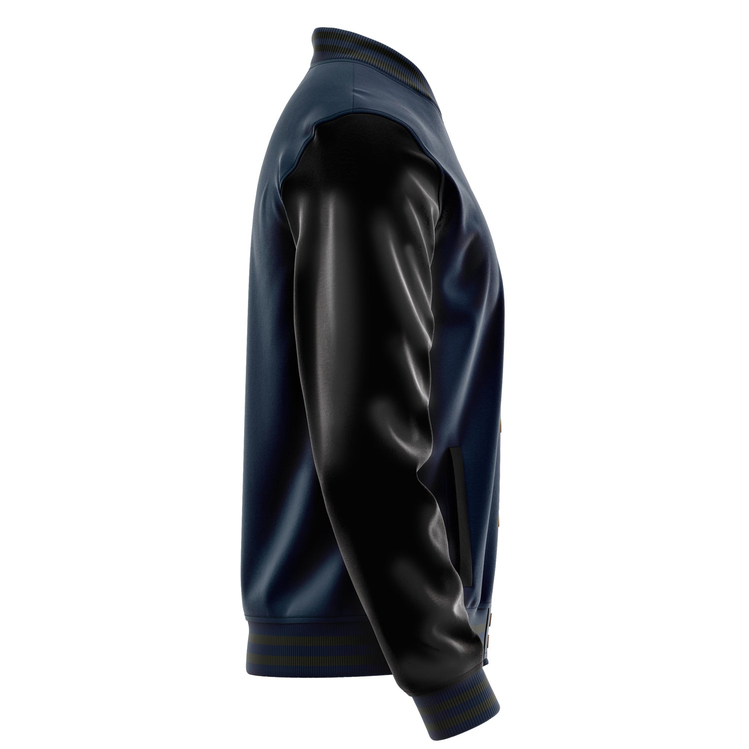 Custom Navy Blue Varsity Jacket Patches Black Leather Sleeves - I Love Spring