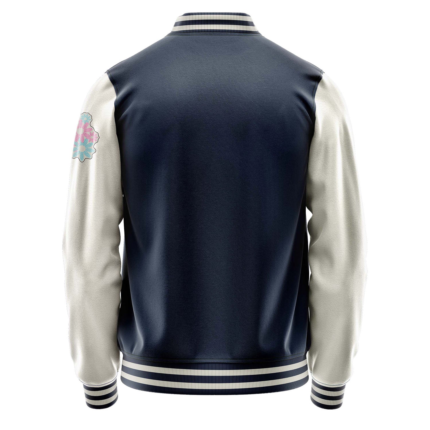 Custom Navy Blue Varsity Jacket Patches Beige Leather Sleeves - Flowers