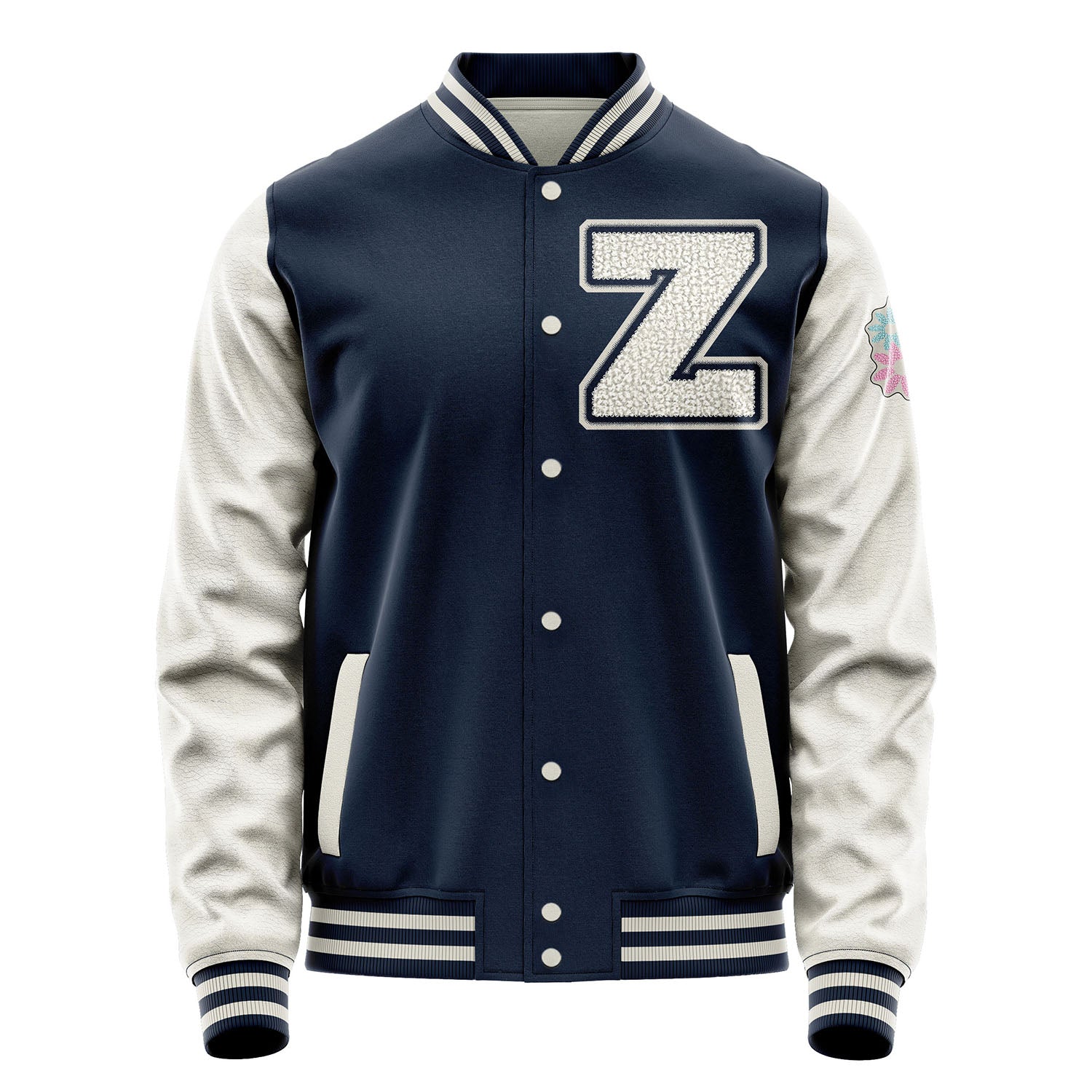 Custom Navy Blue Varsity Jacket Patches Beige Leather Sleeves - Flowers