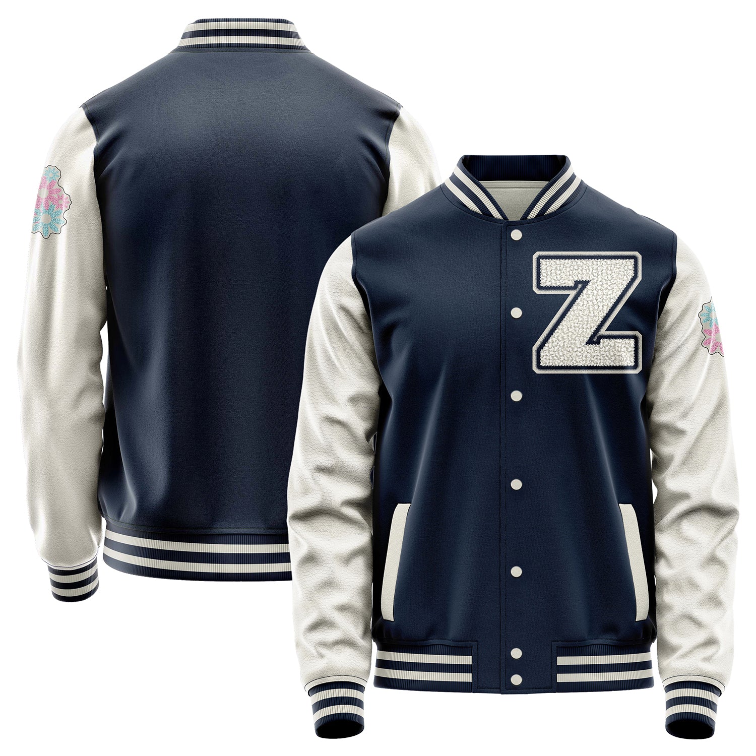 Custom Navy Blue Varsity Jacket Patches Beige Leather Sleeves - Flowers