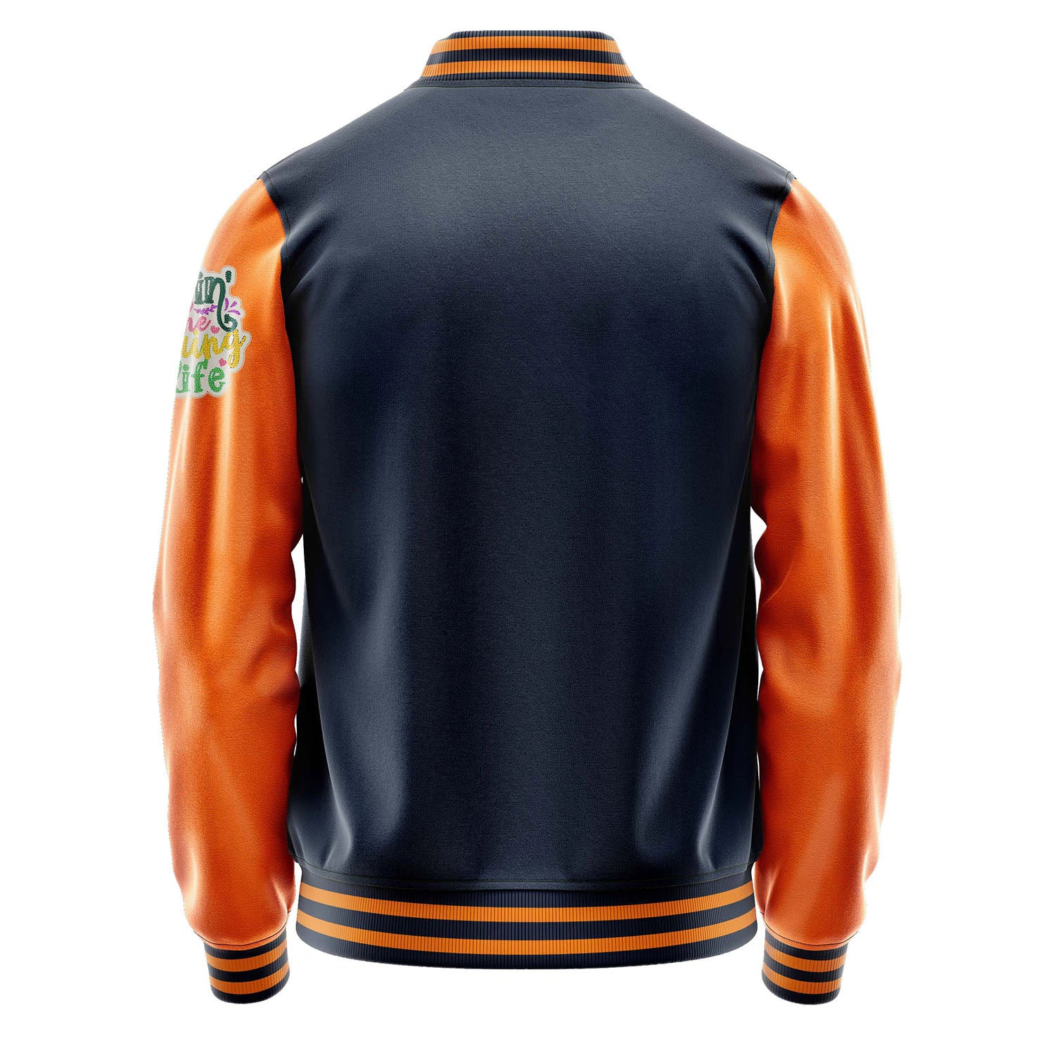 Custom Navy Blue Varsity Jacket Patches Orange Leather Sleeves - Living the Spring life