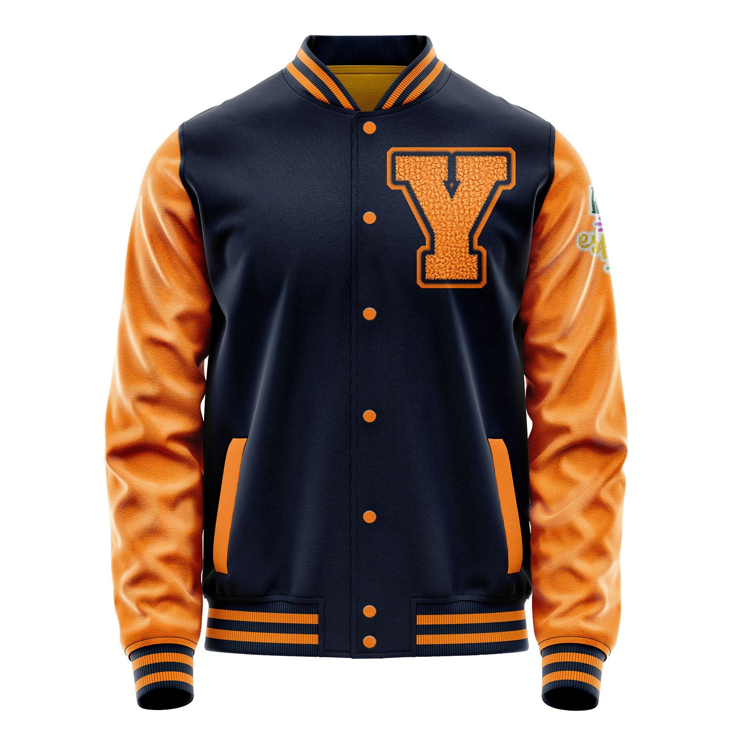 Custom Navy Blue Varsity Jacket Patches Orange Leather Sleeves - Living the Spring life