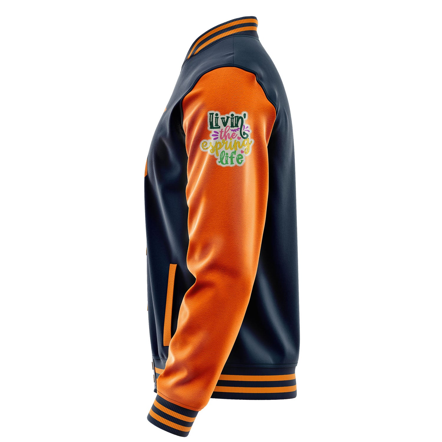 Custom Navy Blue Varsity Jacket Patches Orange Leather Sleeves - Living the Spring life