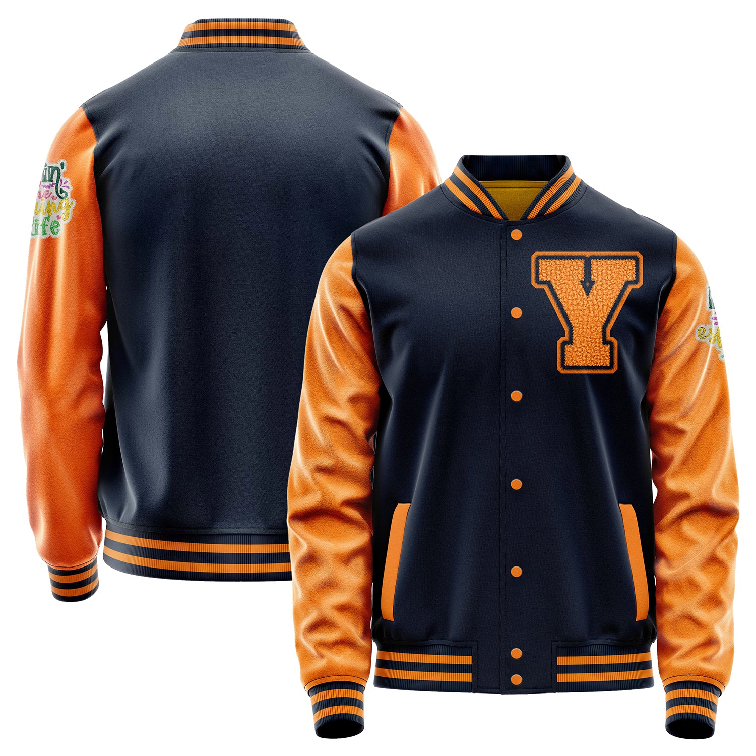 Custom Navy Blue Varsity Jacket Patches Orange Leather Sleeves - Living the Spring life