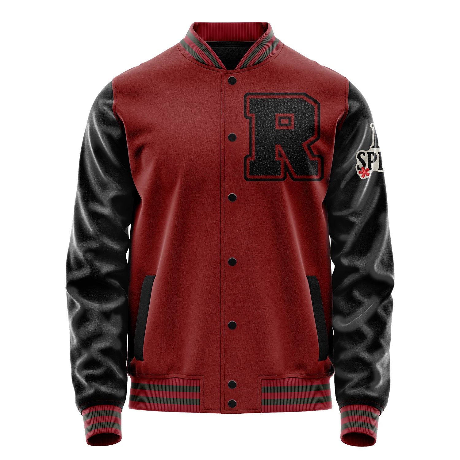 Custom Dark Red Varsity Jacket Patches Black Leather Sleeves - I Love Spring