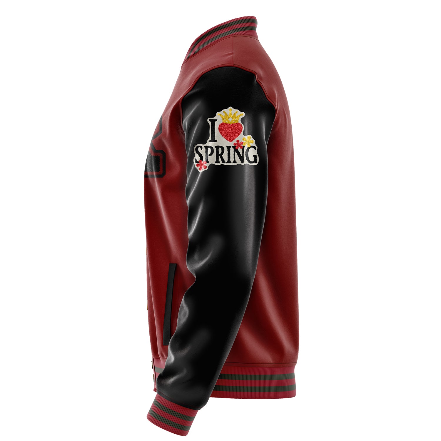 Custom Dark Red Varsity Jacket Patches Black Leather Sleeves - I Love Spring