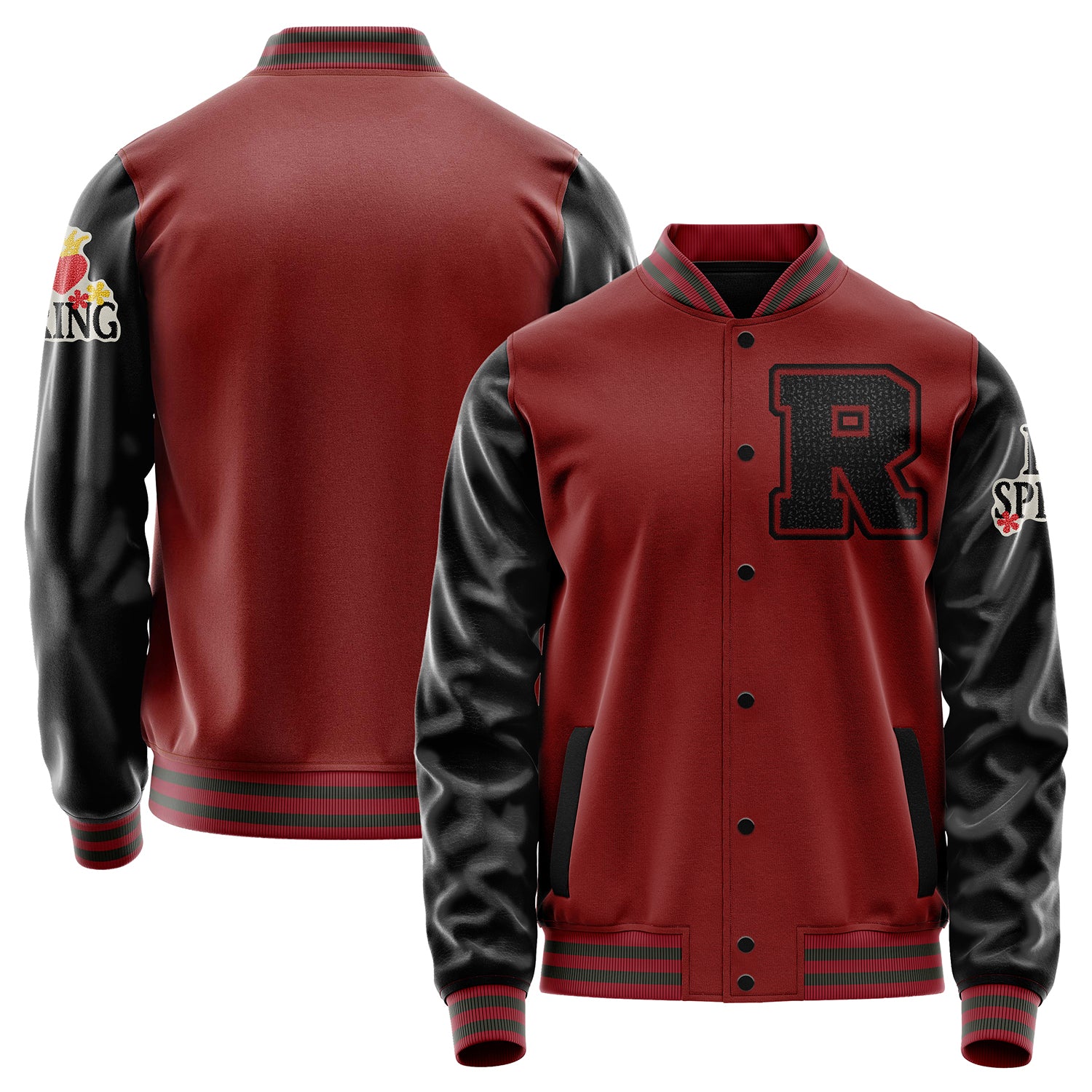 Custom Dark Red Varsity Jacket Patches Black Leather Sleeves - I Love Spring