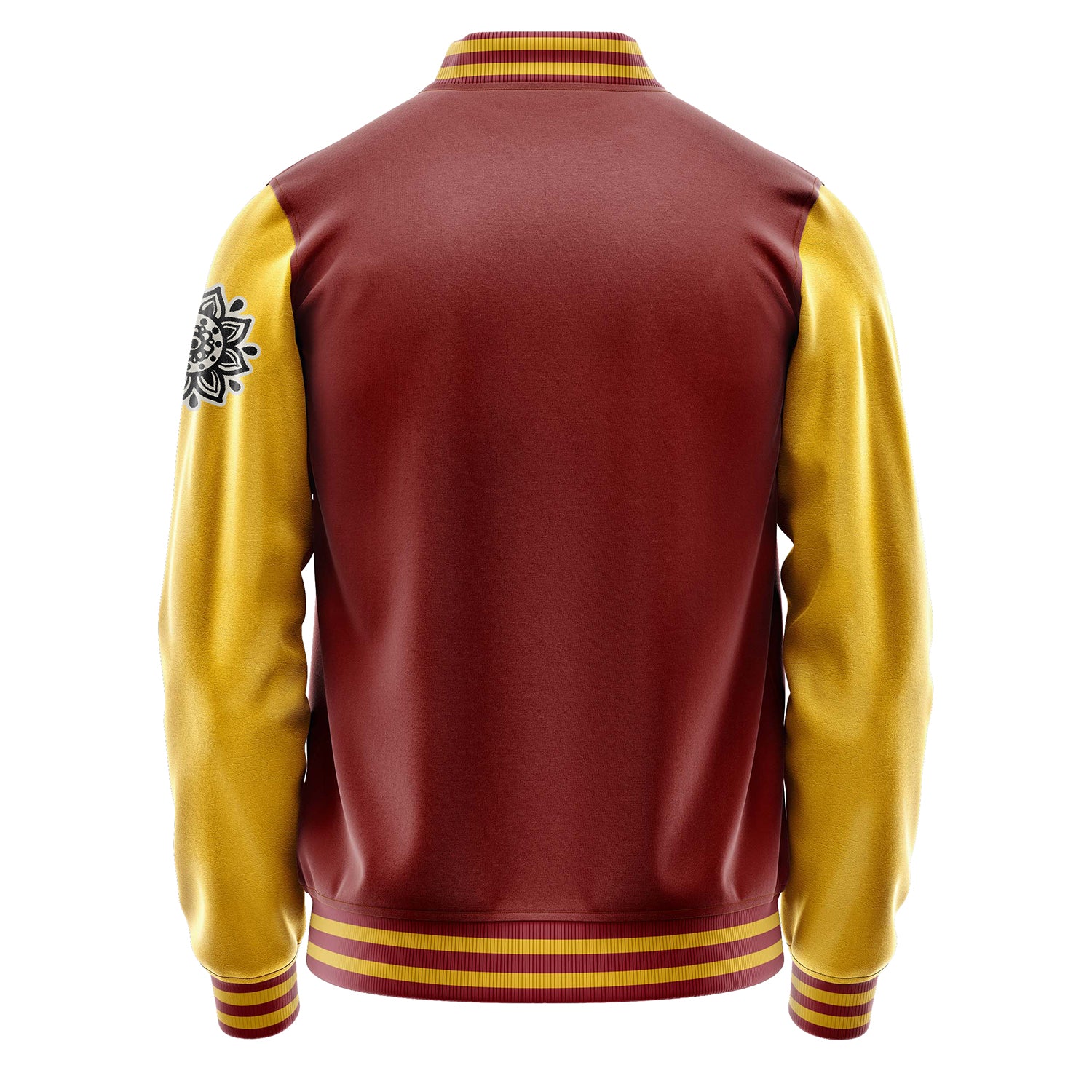 Custom Dark Red Varsity Jacket Patches Egg Yellow Leather Sleeves - Flower