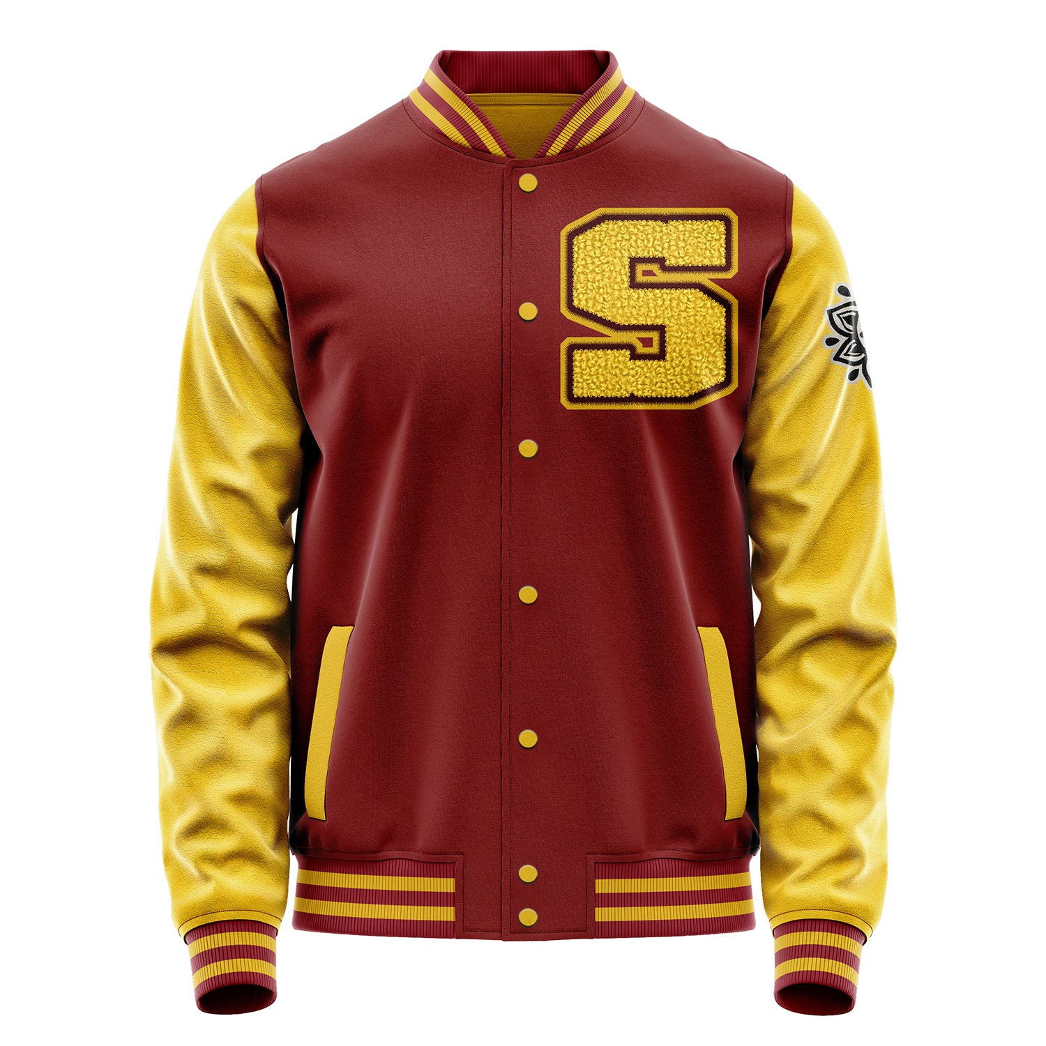 Custom Dark Red Varsity Jacket Patches Egg Yellow Leather Sleeves - Flower