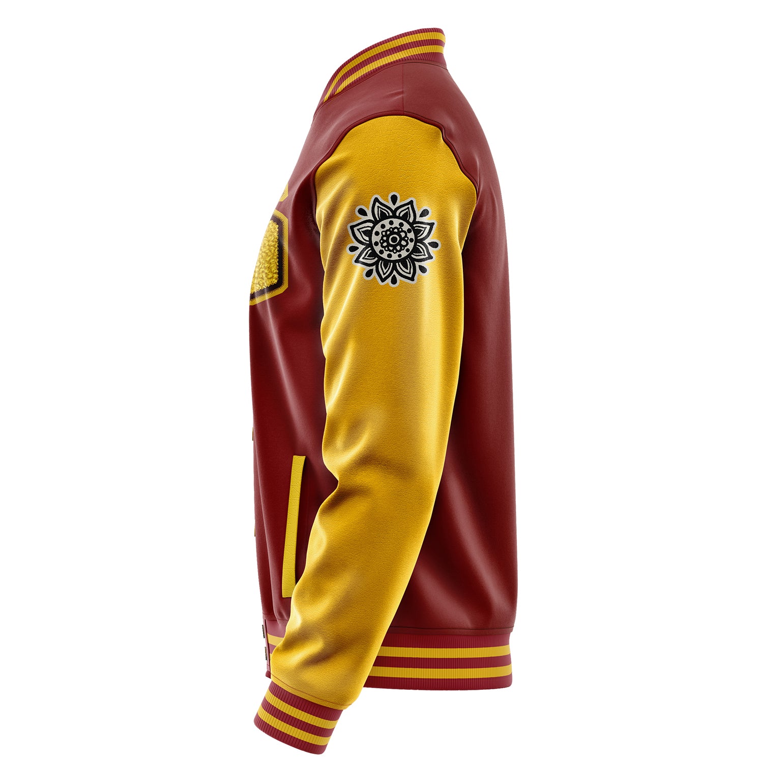 Custom Dark Red Varsity Jacket Patches Egg Yellow Leather Sleeves - Flower