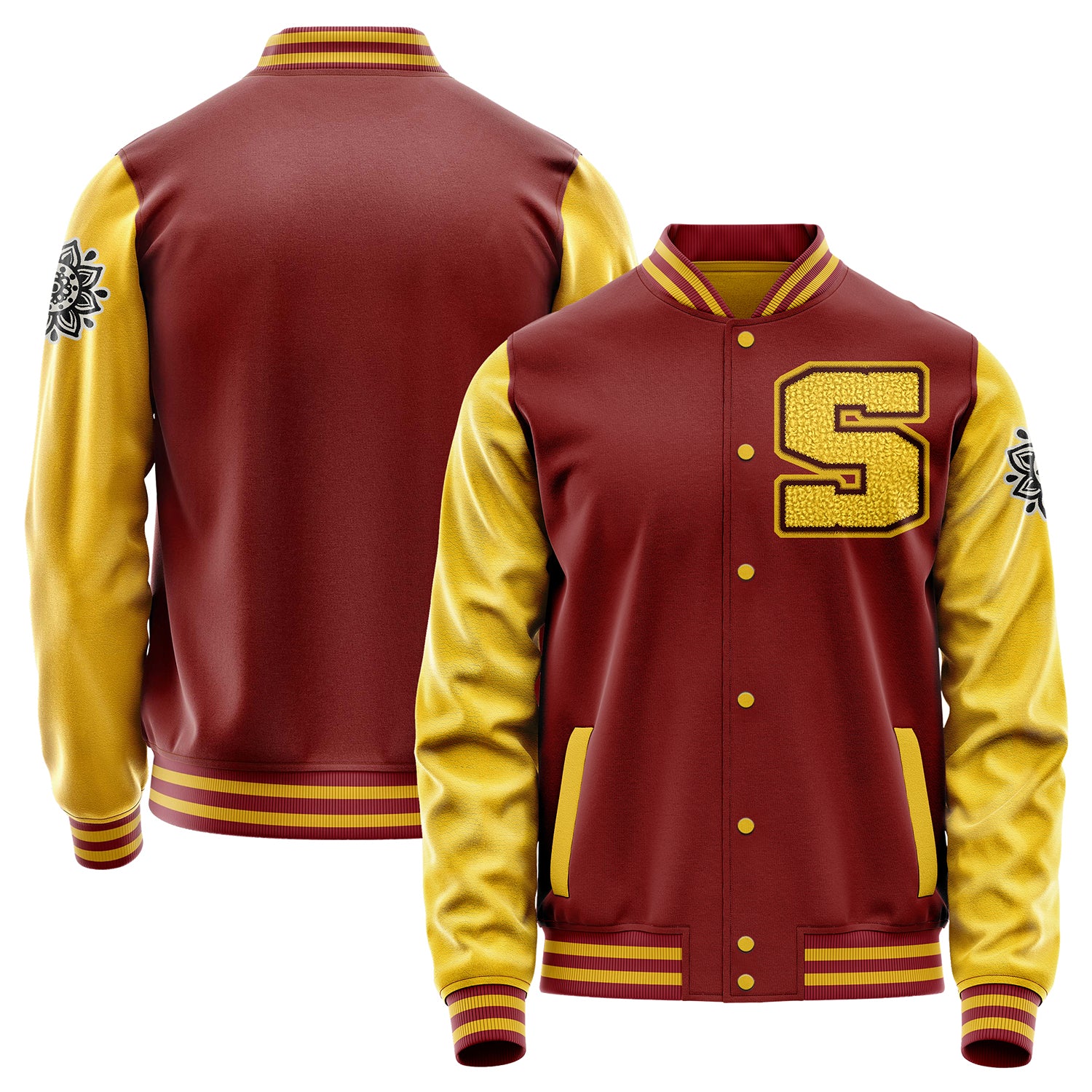 Custom Dark Red Varsity Jacket Patches Egg Yellow Leather Sleeves - Flower