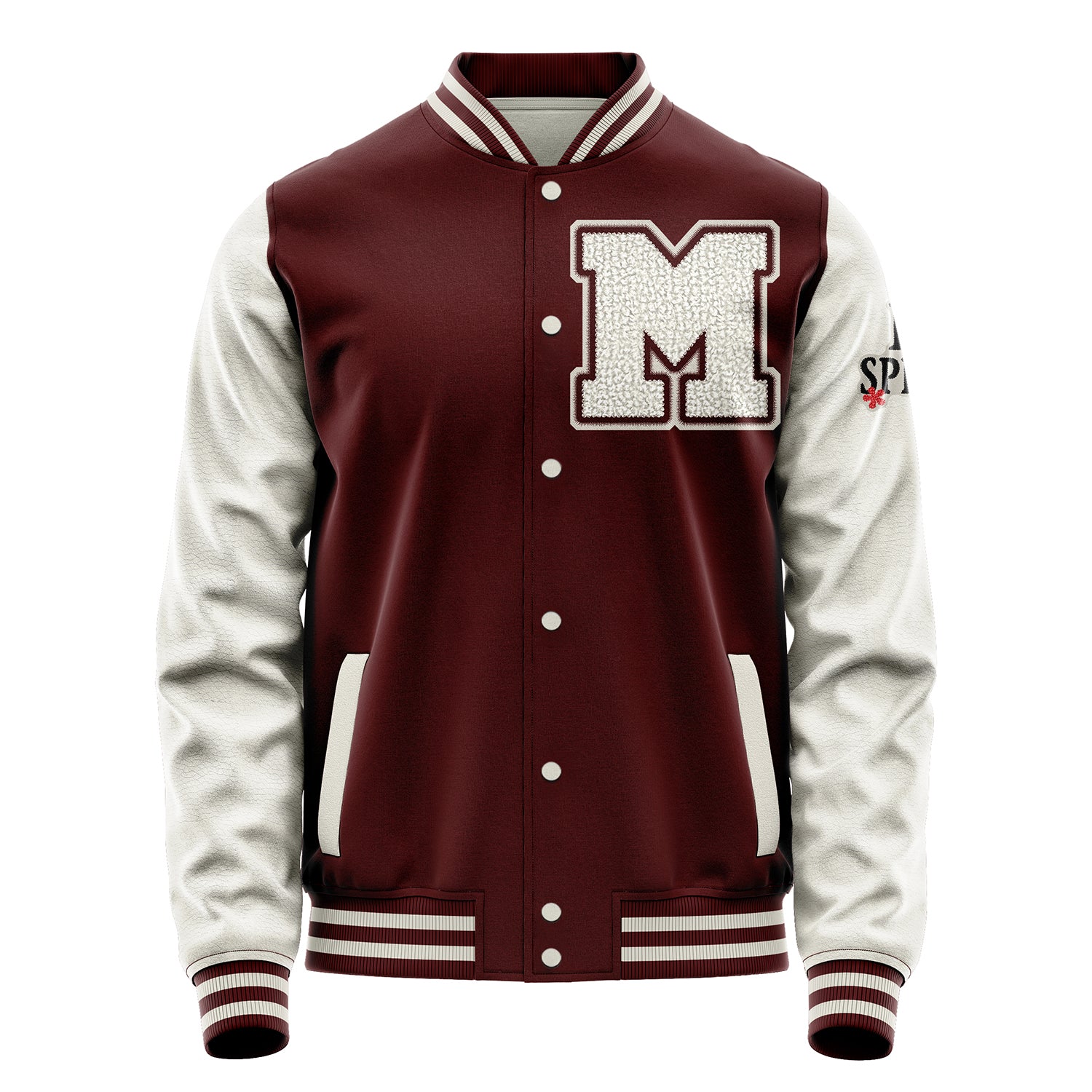 Custom Wine Red Varsity Jacket Patches Beige Leather Sleeves - I Love Spring