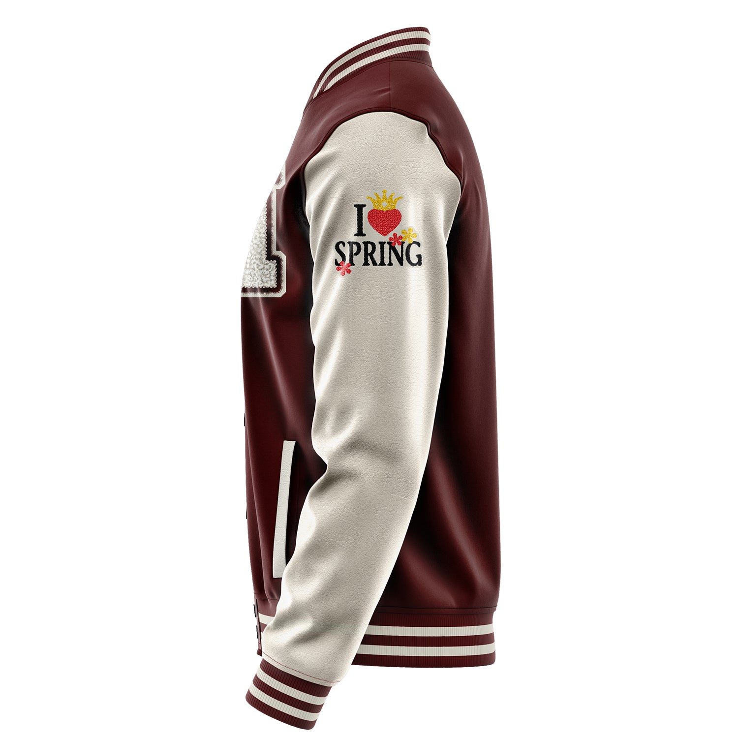 Custom Wine Red Varsity Jacket Patches Beige Leather Sleeves - I Love Spring