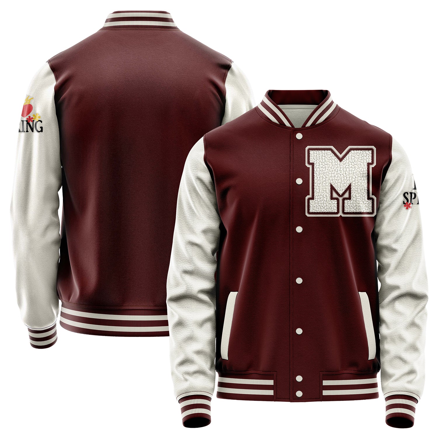 Custom Wine Red Varsity Jacket Patches Beige Leather Sleeves - I Love Spring