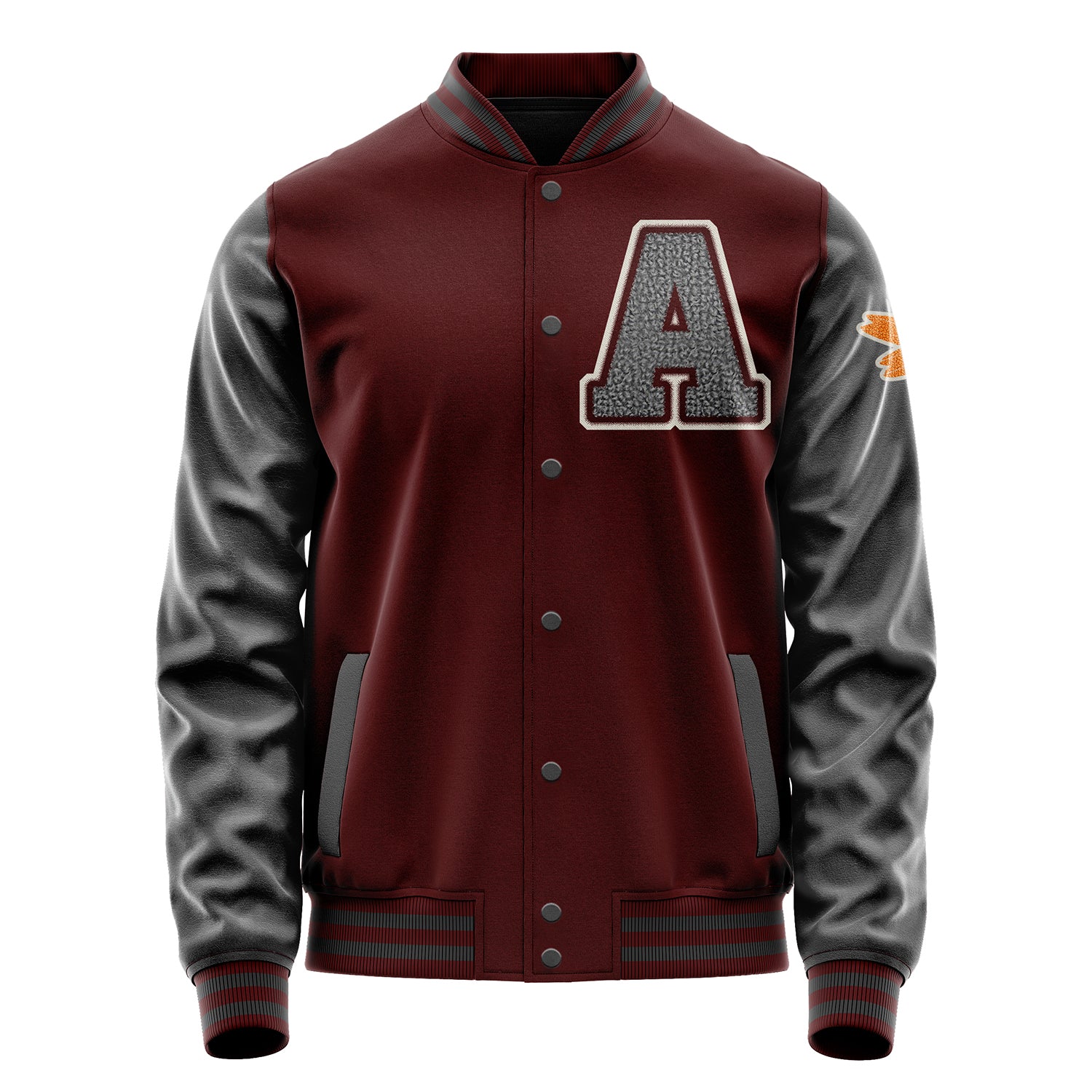 Custom Wine Red Varsity Jacket Patches Dark Gray Leather Sleeves - Flower