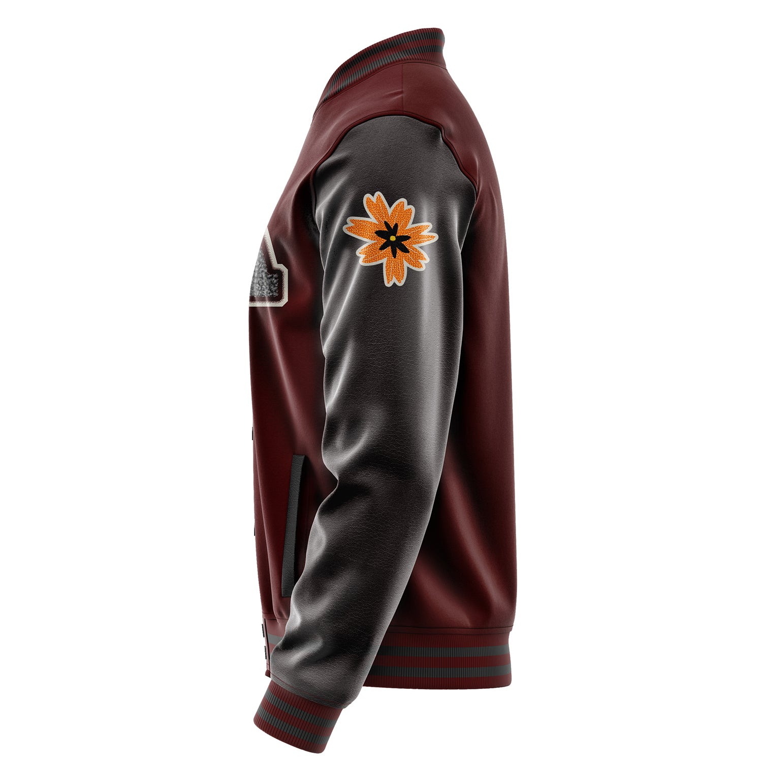 Custom Wine Red Varsity Jacket Patches Dark Gray Leather Sleeves - Flower