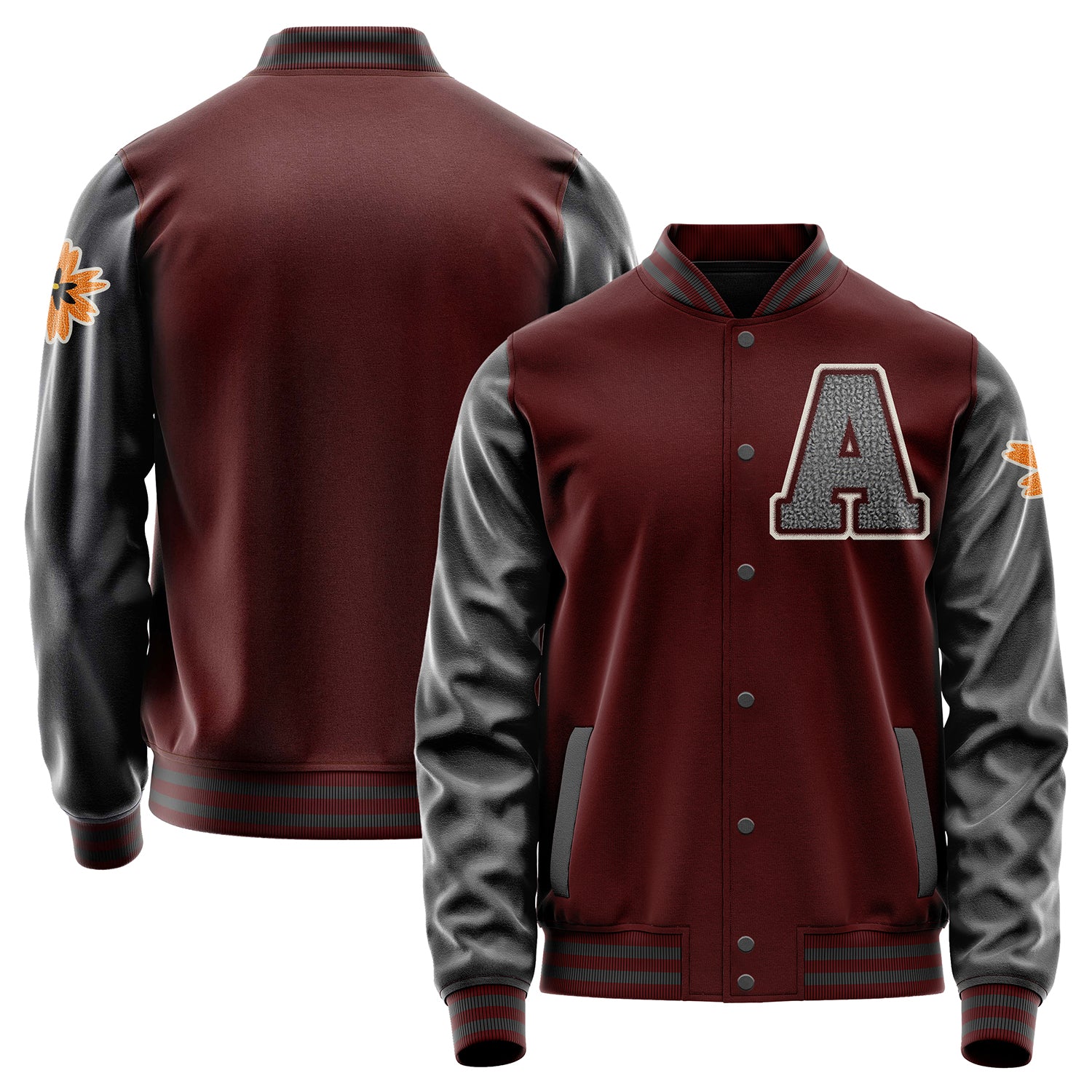 Custom Wine Red Varsity Jacket Patches Dark Gray Leather Sleeves - Flower