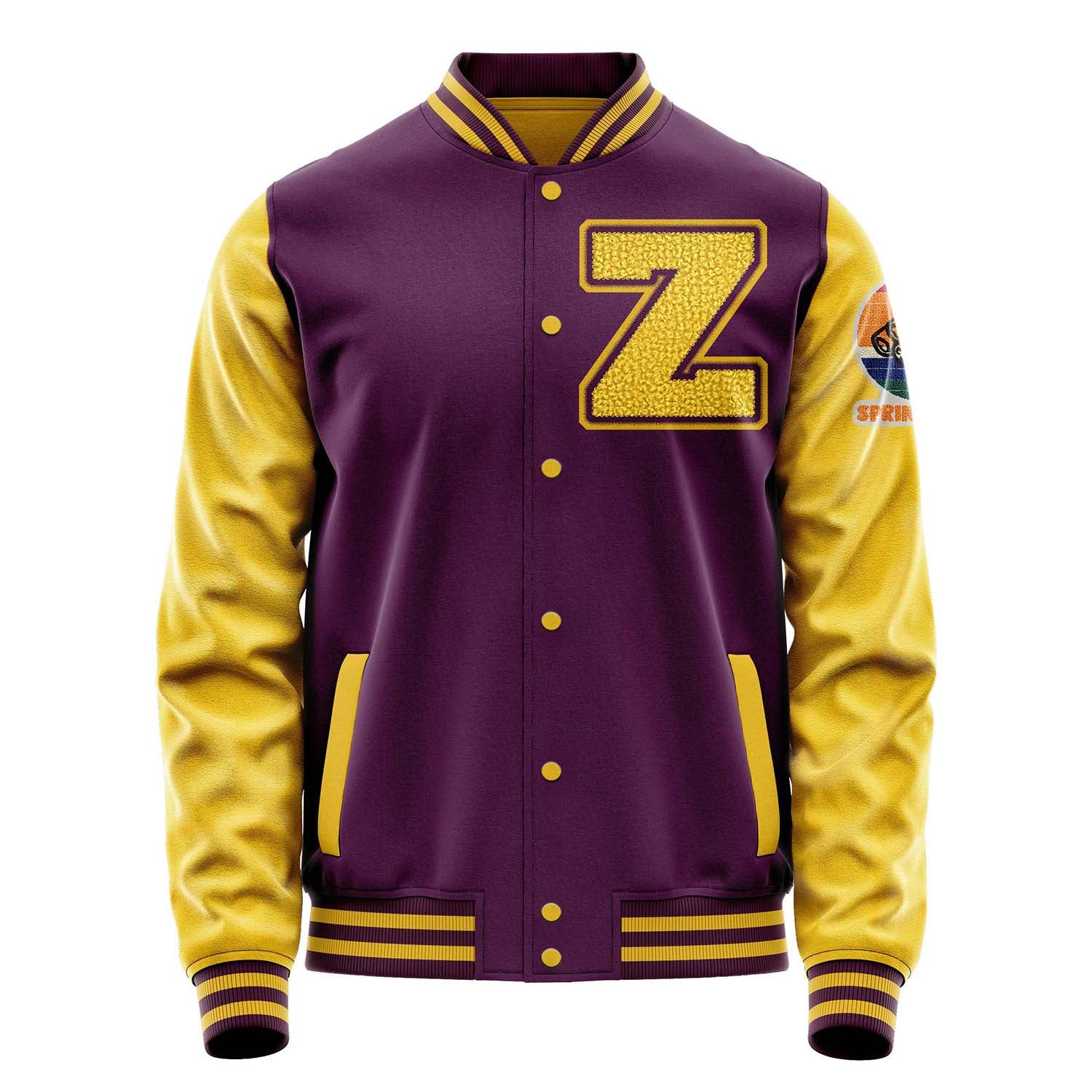 Custom Purple Varsity Jacket Patches Egg Yellow Leather Sleeves - Spring Golls