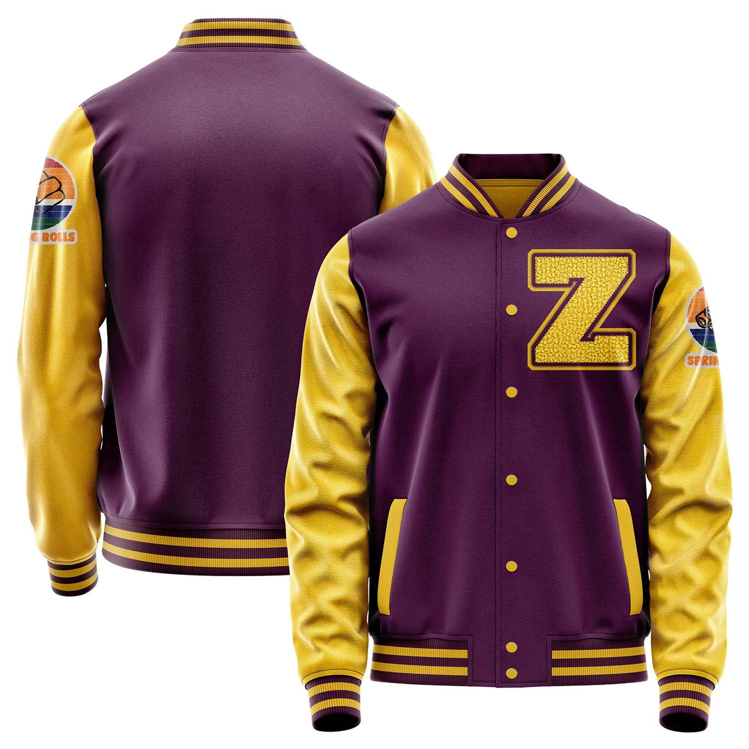 Custom Purple Varsity Jacket Patches Egg Yellow Leather Sleeves - Spring Golls