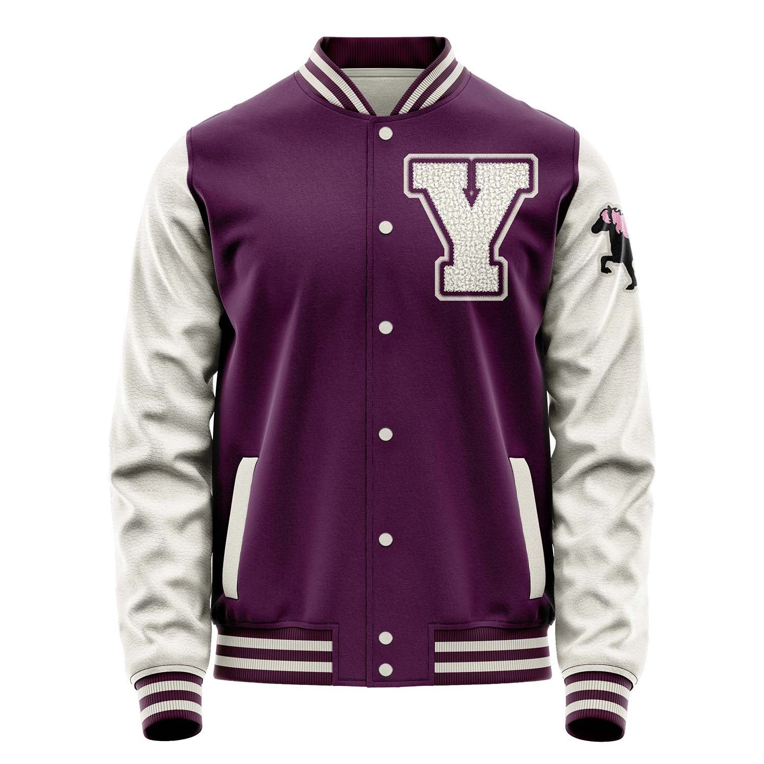 Custom Purple Varsity Jacket Patches Beige Leather Sleeves - Foal