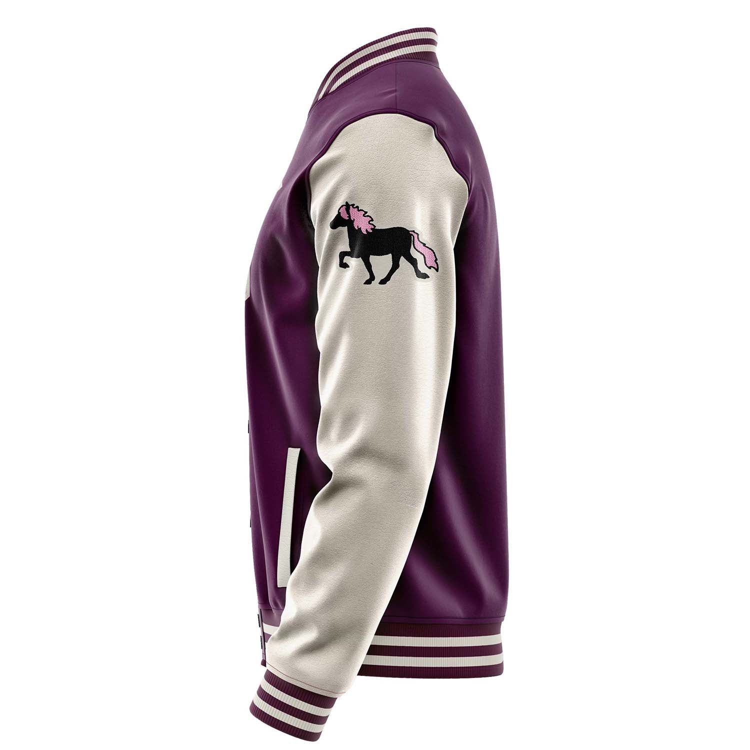 Custom Purple Varsity Jacket Patches Beige Leather Sleeves - Foal