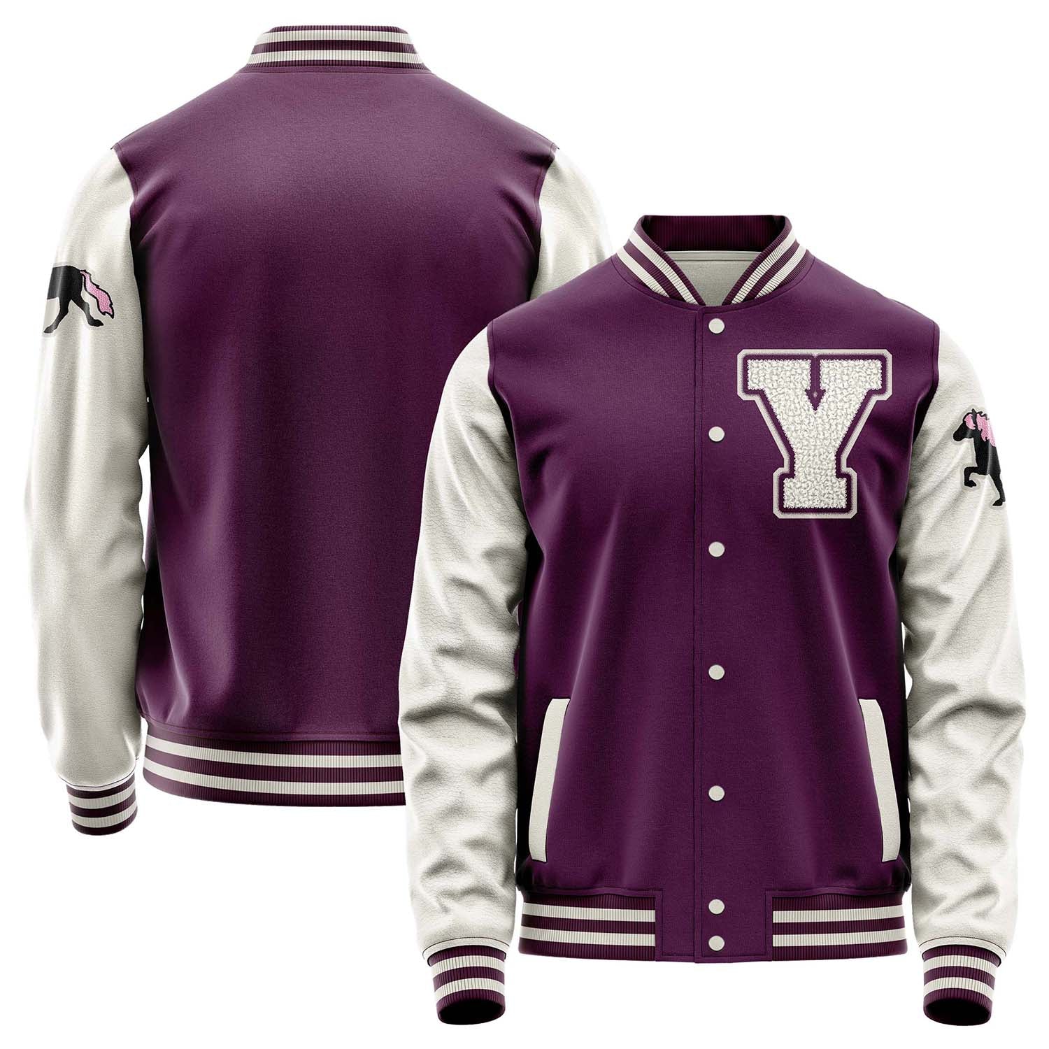 Custom Purple Varsity Jacket Patches Beige Leather Sleeves - Foal