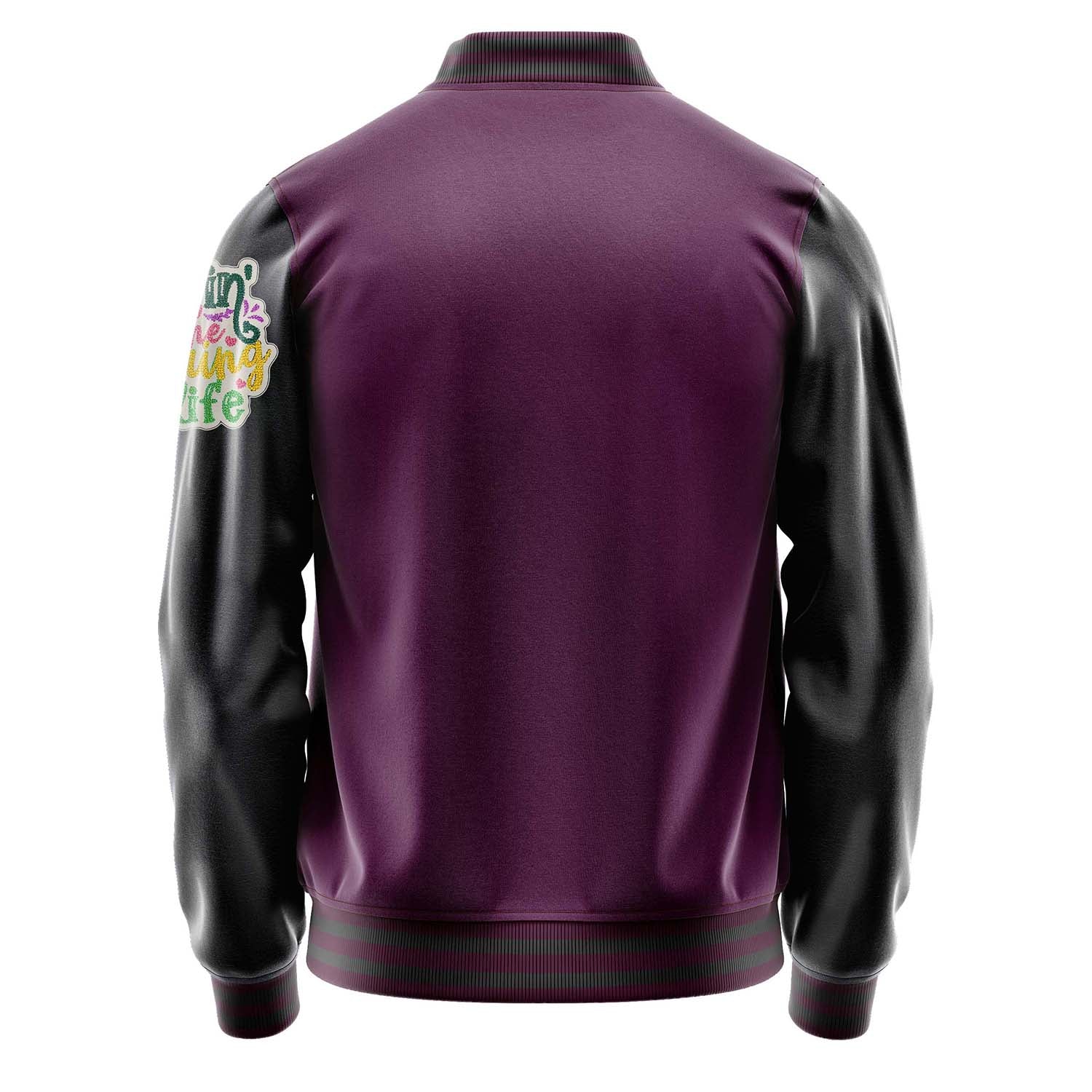 Custom Purple Varsity Jacket Patches Dark Gray Leather Sleeves - Living the Spring life