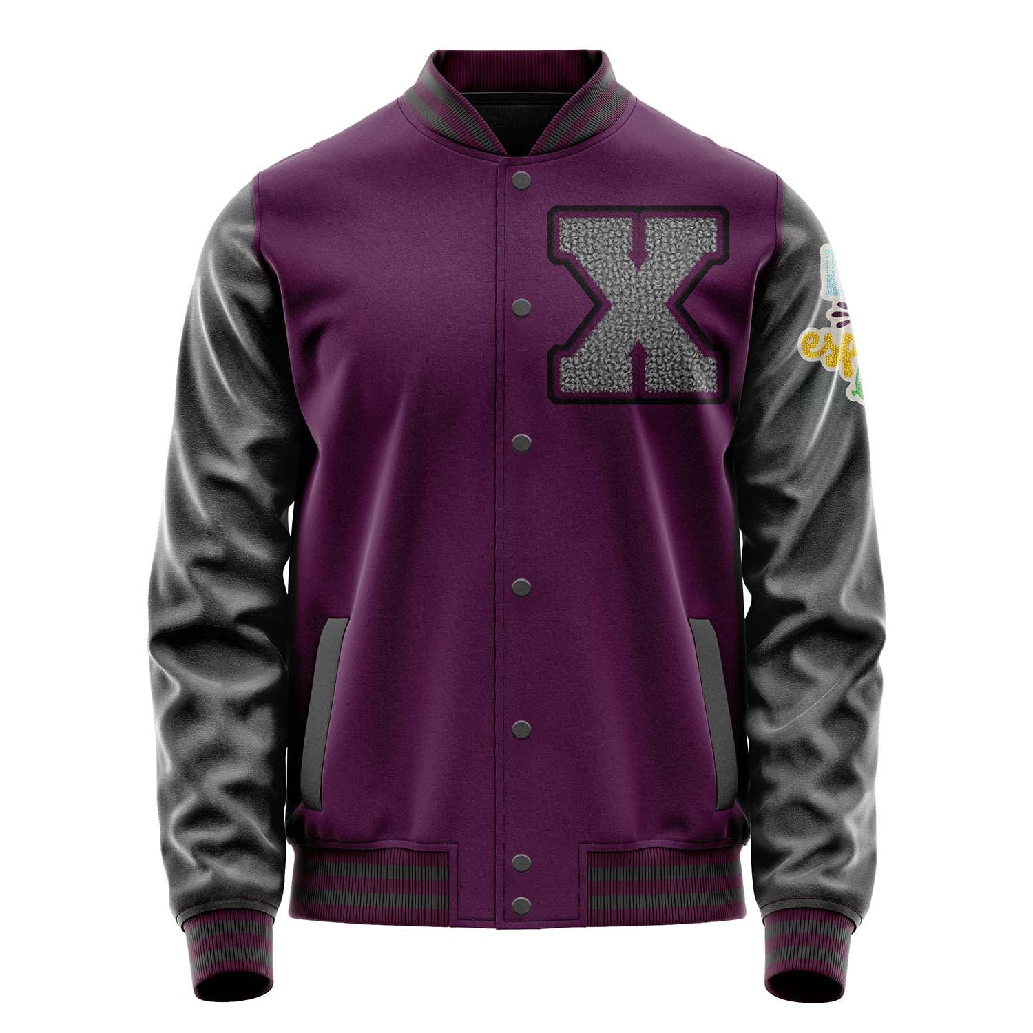 Custom Purple Varsity Jacket Patches Dark Gray Leather Sleeves - Living the Spring life