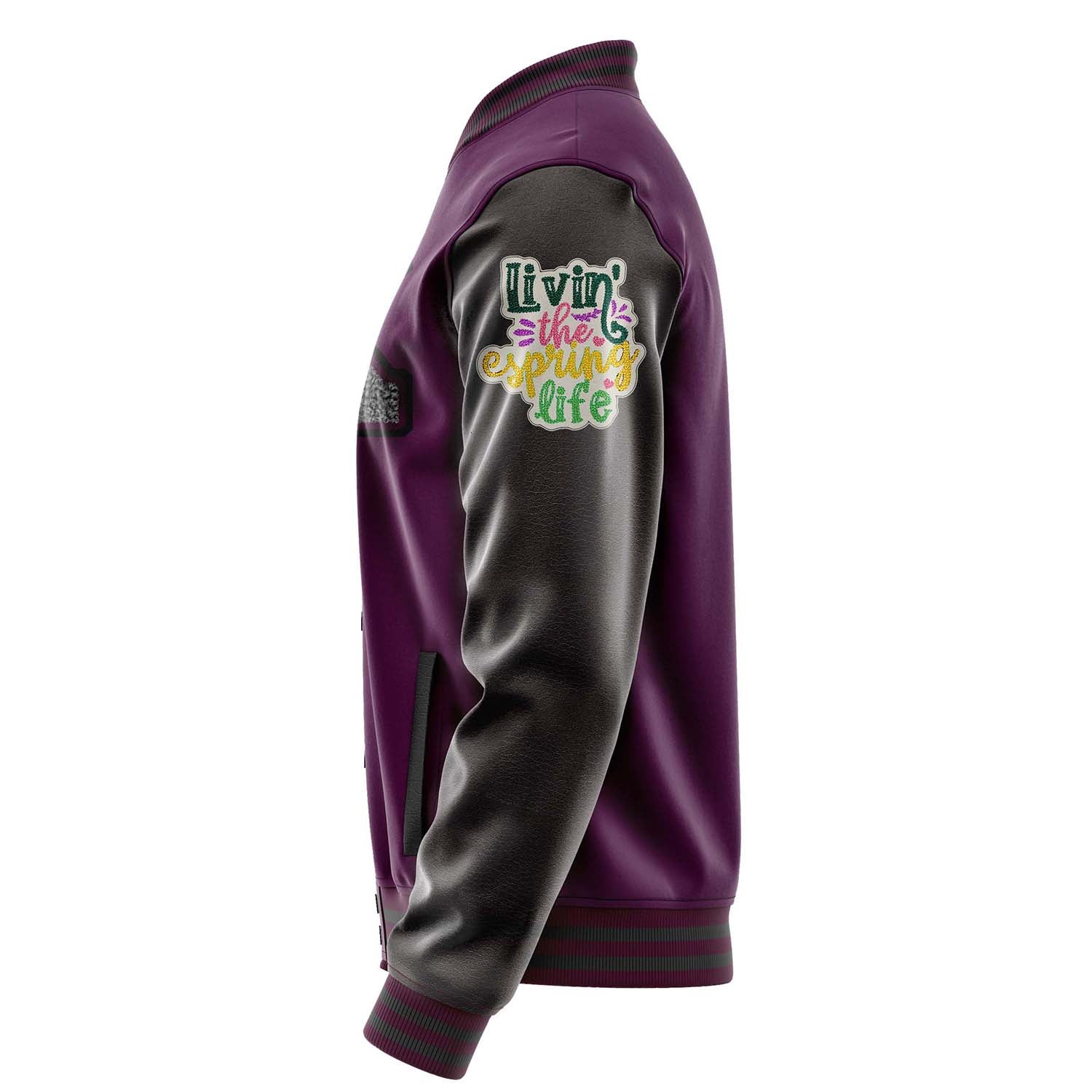 Custom Purple Varsity Jacket Patches Dark Gray Leather Sleeves - Living the Spring life