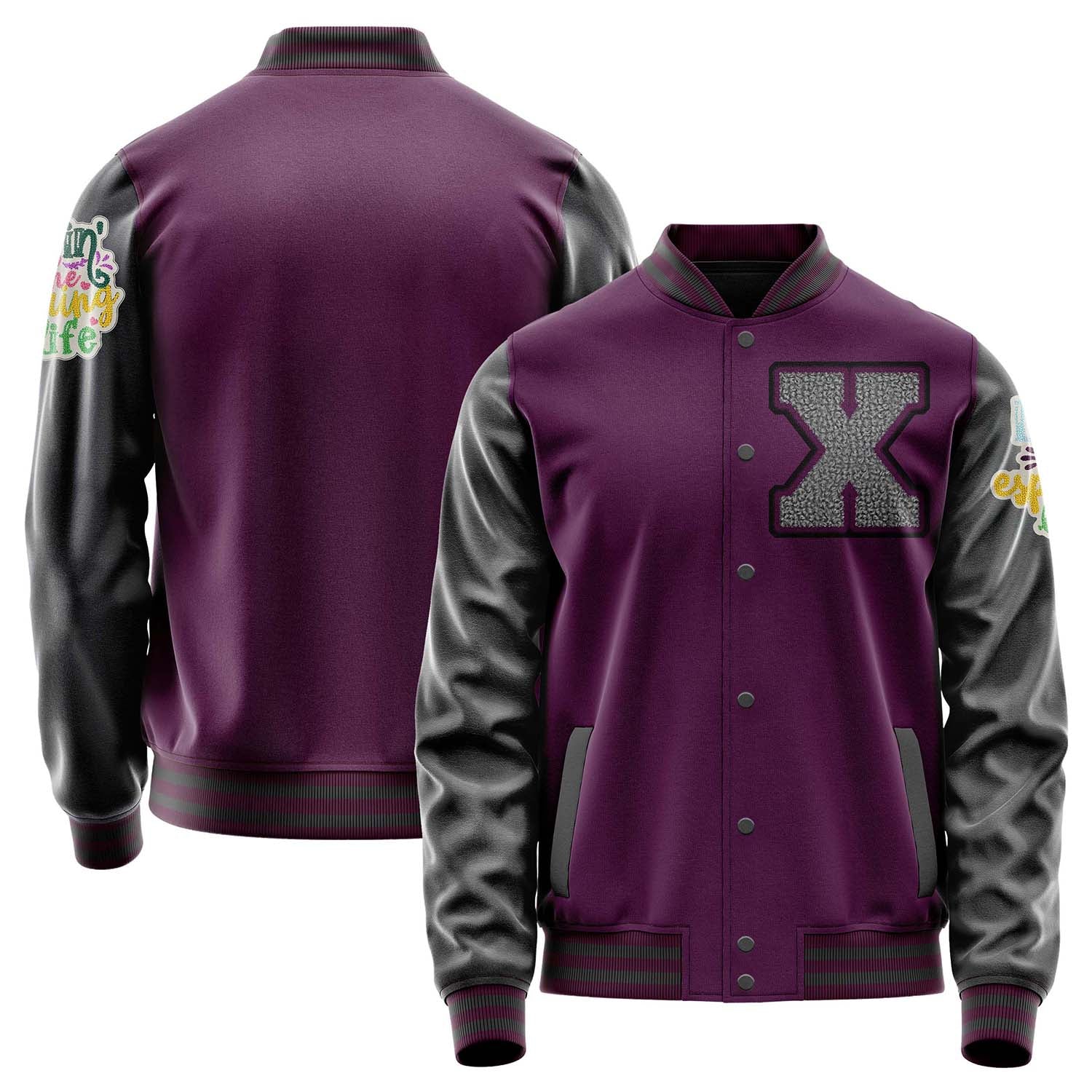 Custom Purple Varsity Jacket Patches Dark Gray Leather Sleeves - Living the Spring life