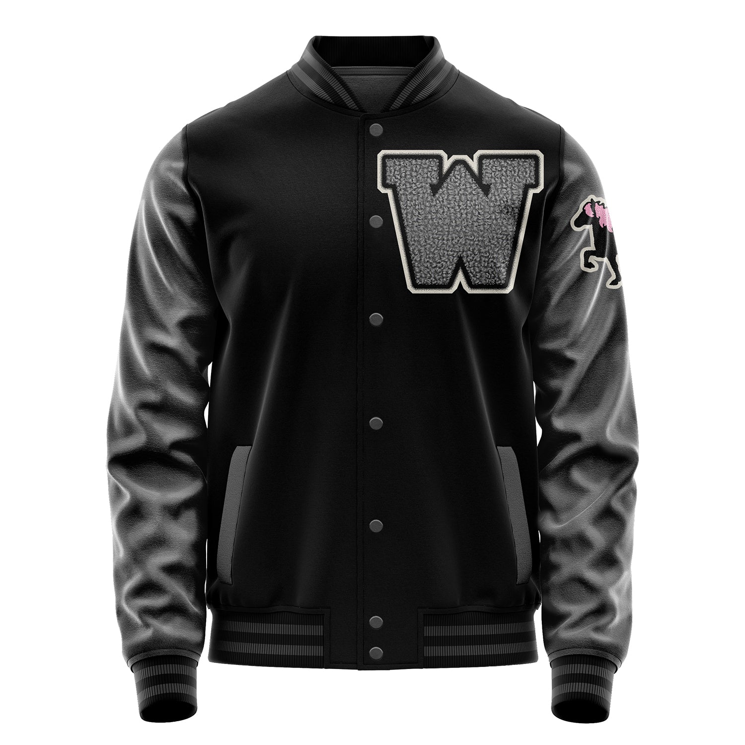 Custom Black Varsity Jacket Patches Dark Gray Leather Sleeves - Foal