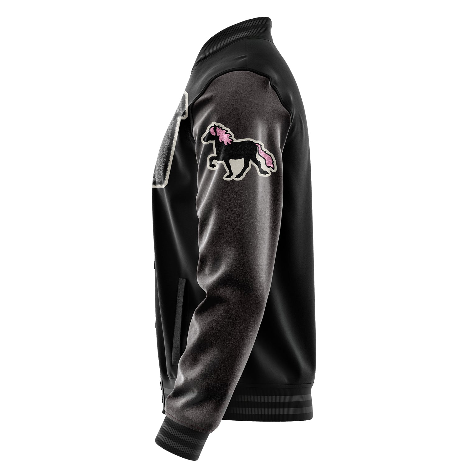 Custom Black Varsity Jacket Patches Dark Gray Leather Sleeves - Foal