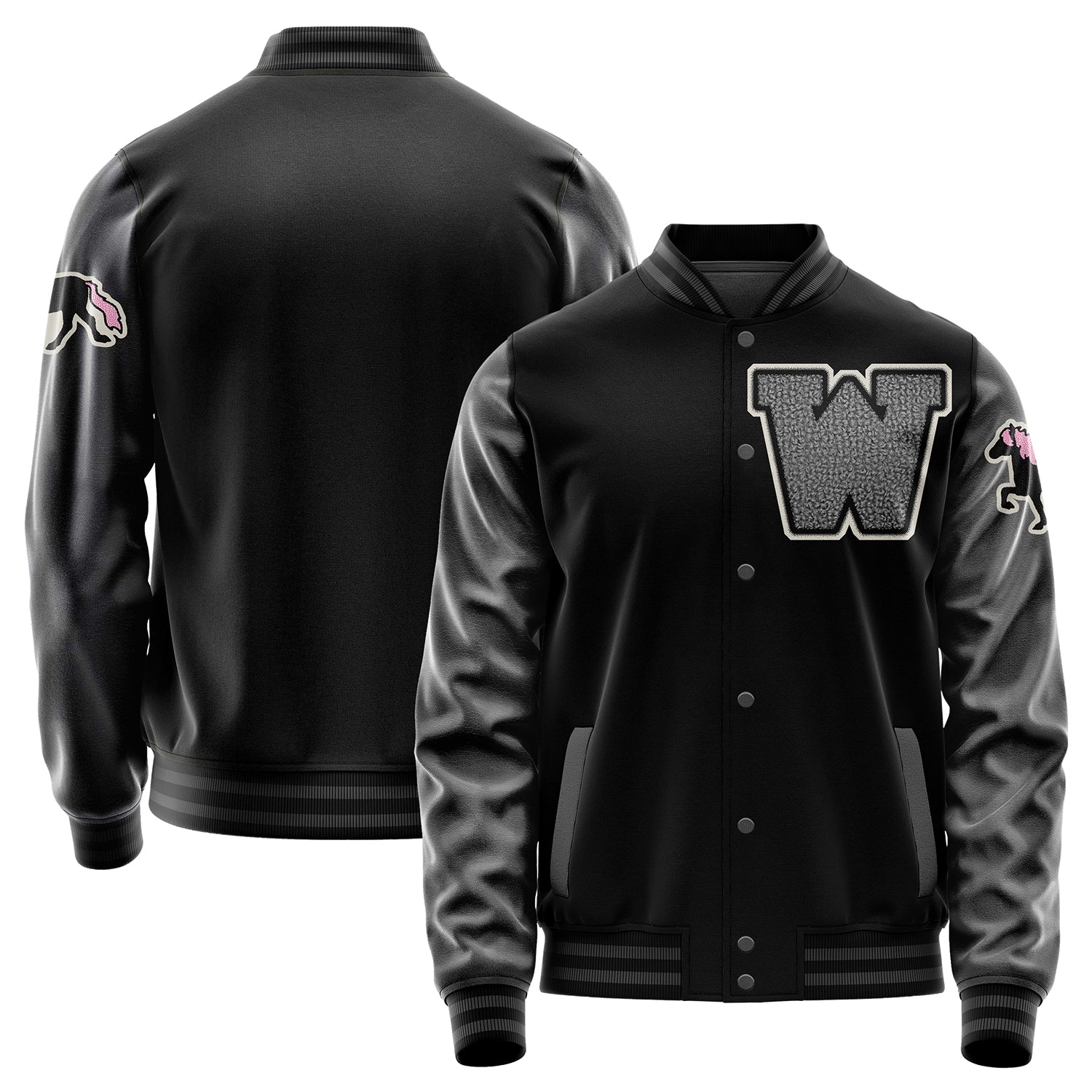 Custom Black Varsity Jacket Patches Dark Gray Leather Sleeves - Foal