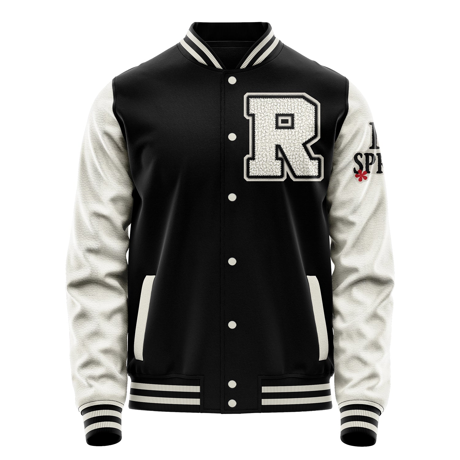 Custom Black Varsity Jacket Patches Beige Leather Sleeves - I Love Spring