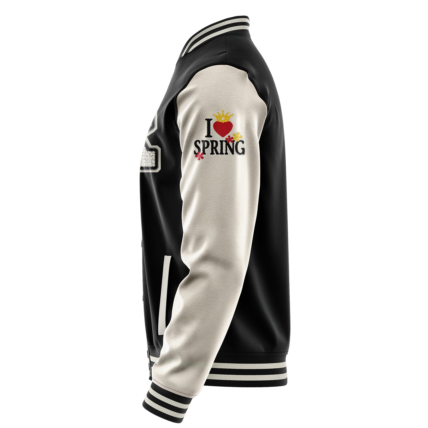 Custom Black Varsity Jacket Patches Beige Leather Sleeves - I Love Spring