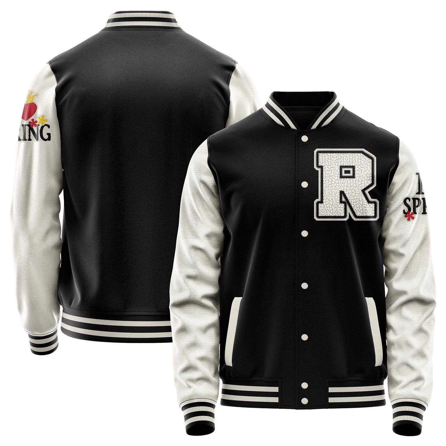 Custom Black Varsity Jacket Patches Beige Leather Sleeves - I Love Spring