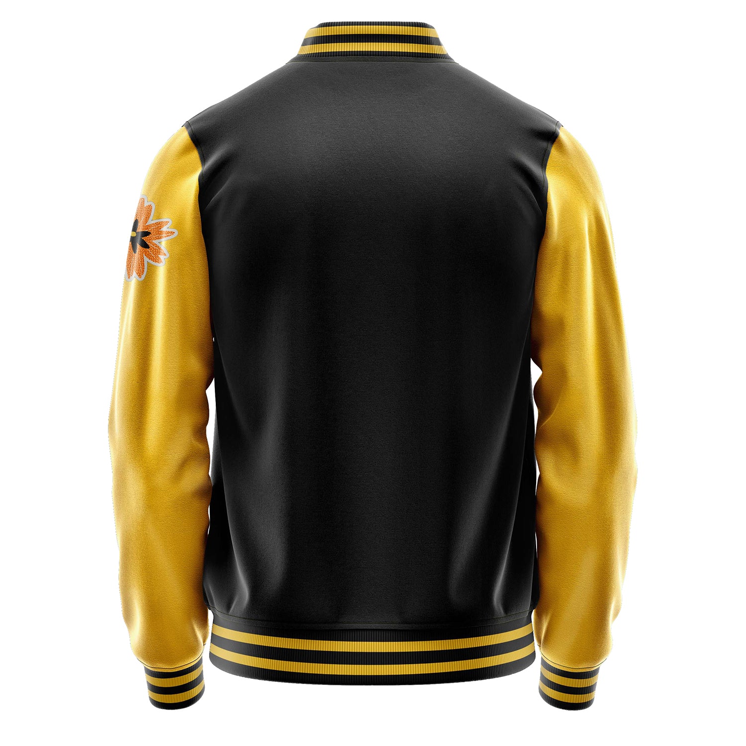 Custom Black Varsity Jacket Patches Egg Yellow Leather Sleeves - Flower