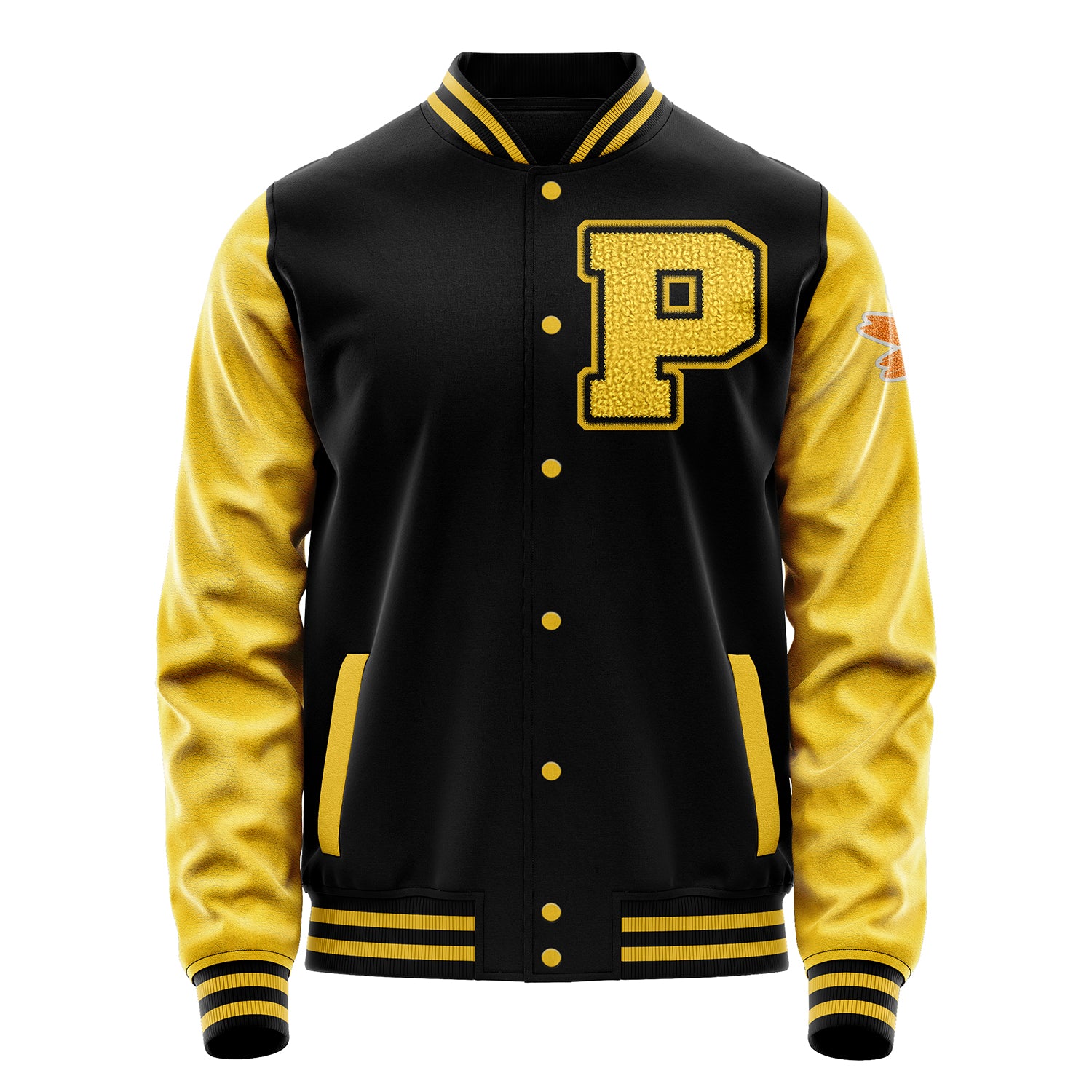 Custom Black Varsity Jacket Patches Egg Yellow Leather Sleeves - Flower