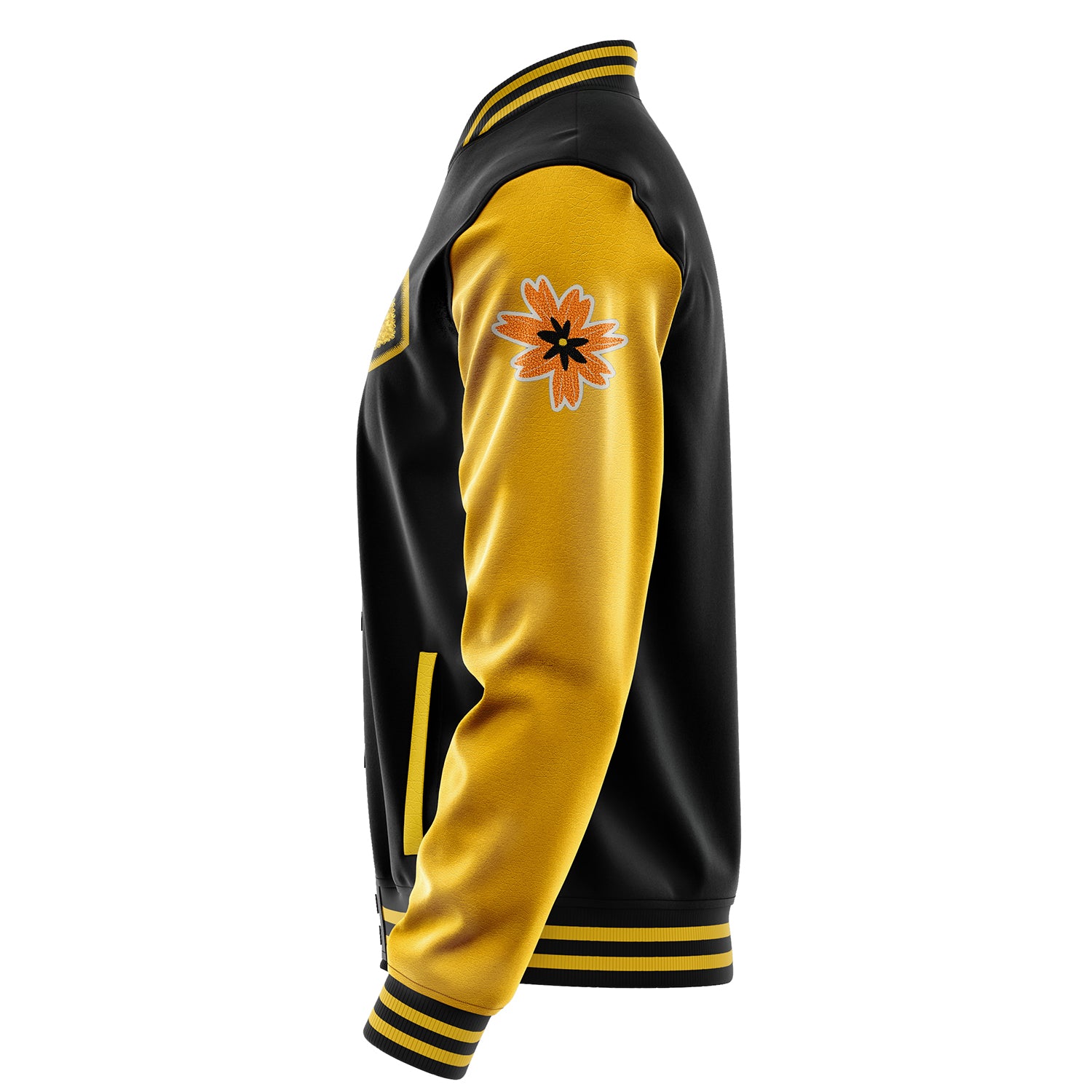 Custom Black Varsity Jacket Patches Egg Yellow Leather Sleeves - Flower