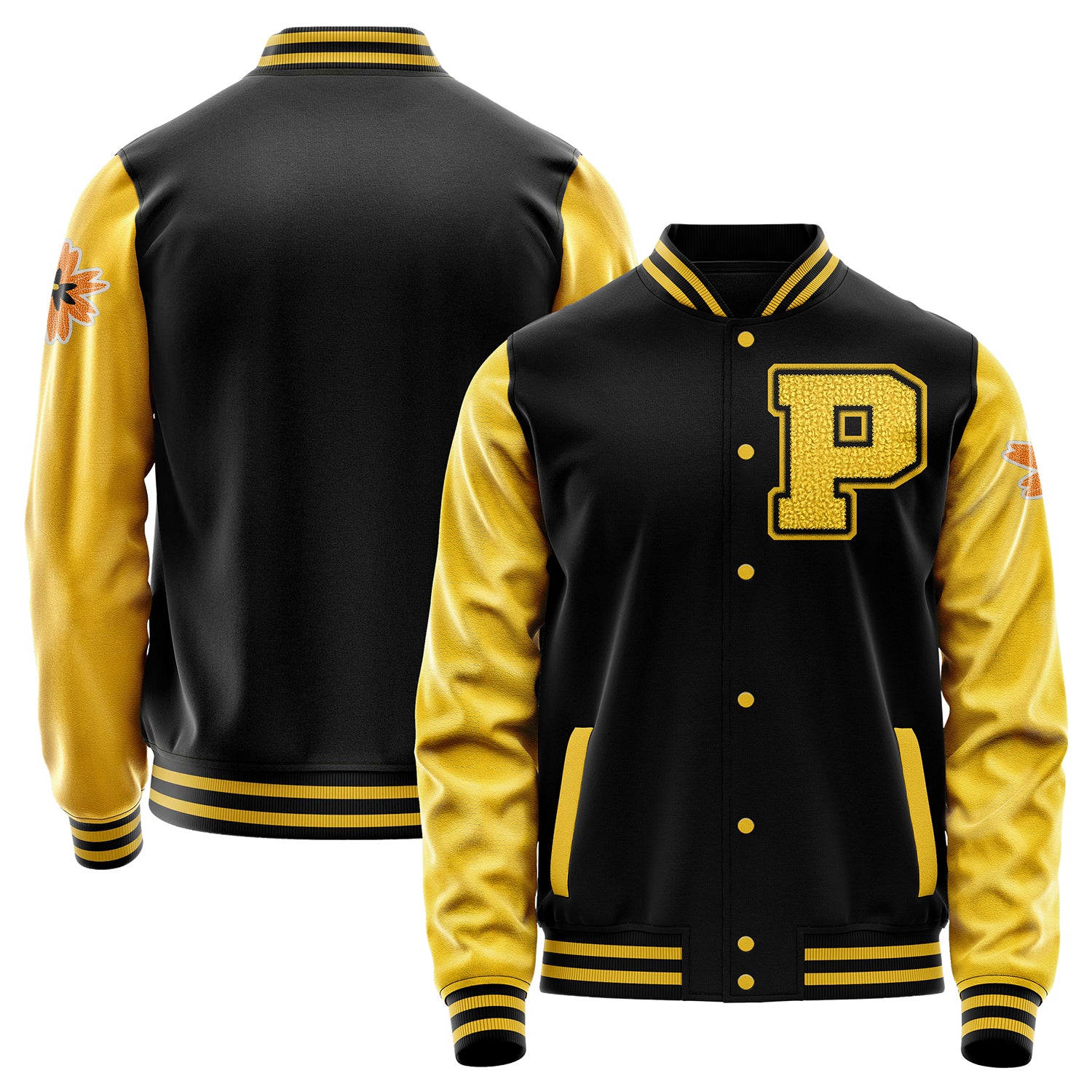 Custom Black Varsity Jacket Patches Egg Yellow Leather Sleeves - Flower