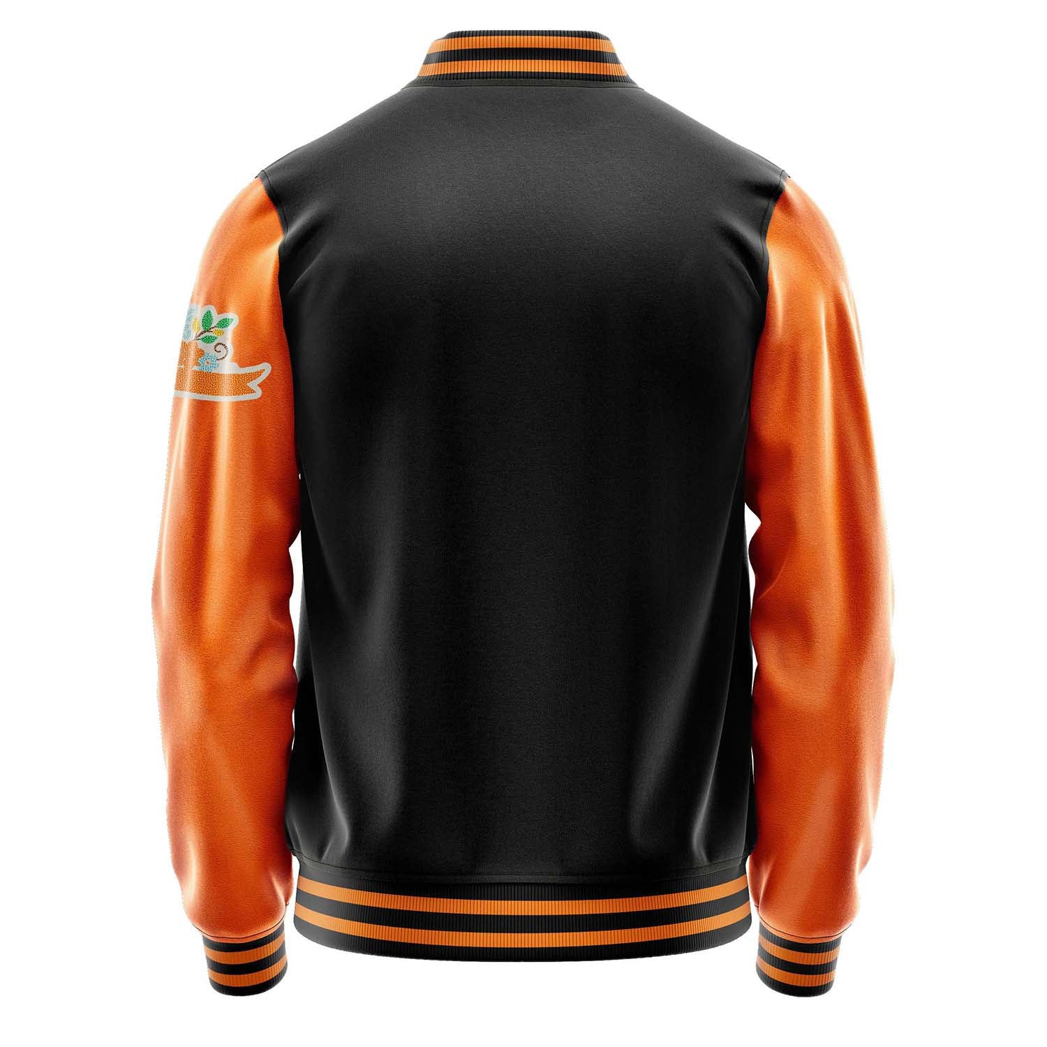 Custom Black Varsity Jacket Patches Orange Leather Sleeves - Flowers