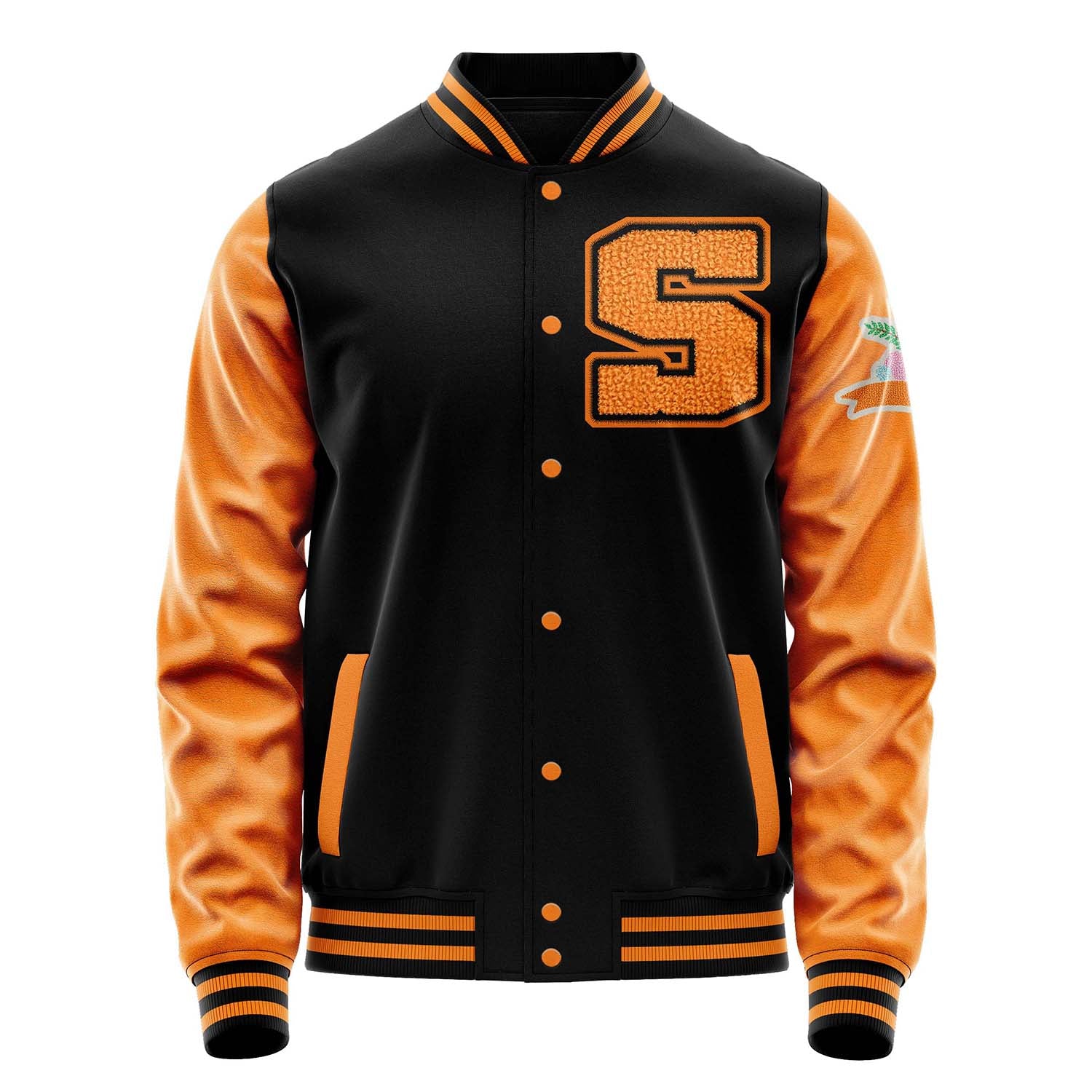 Custom Black Varsity Jacket Patches Orange Leather Sleeves - Flowers