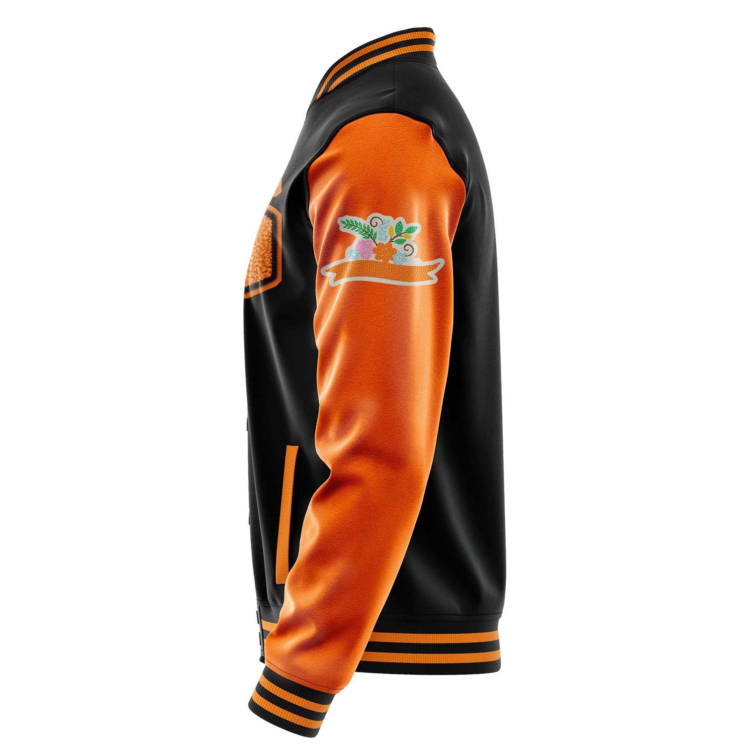 Custom Black Varsity Jacket Patches Orange Leather Sleeves - Flowers