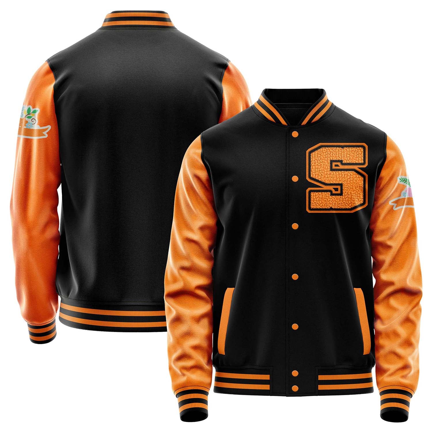 Custom Black Varsity Jacket Patches Orange Leather Sleeves - Flowers