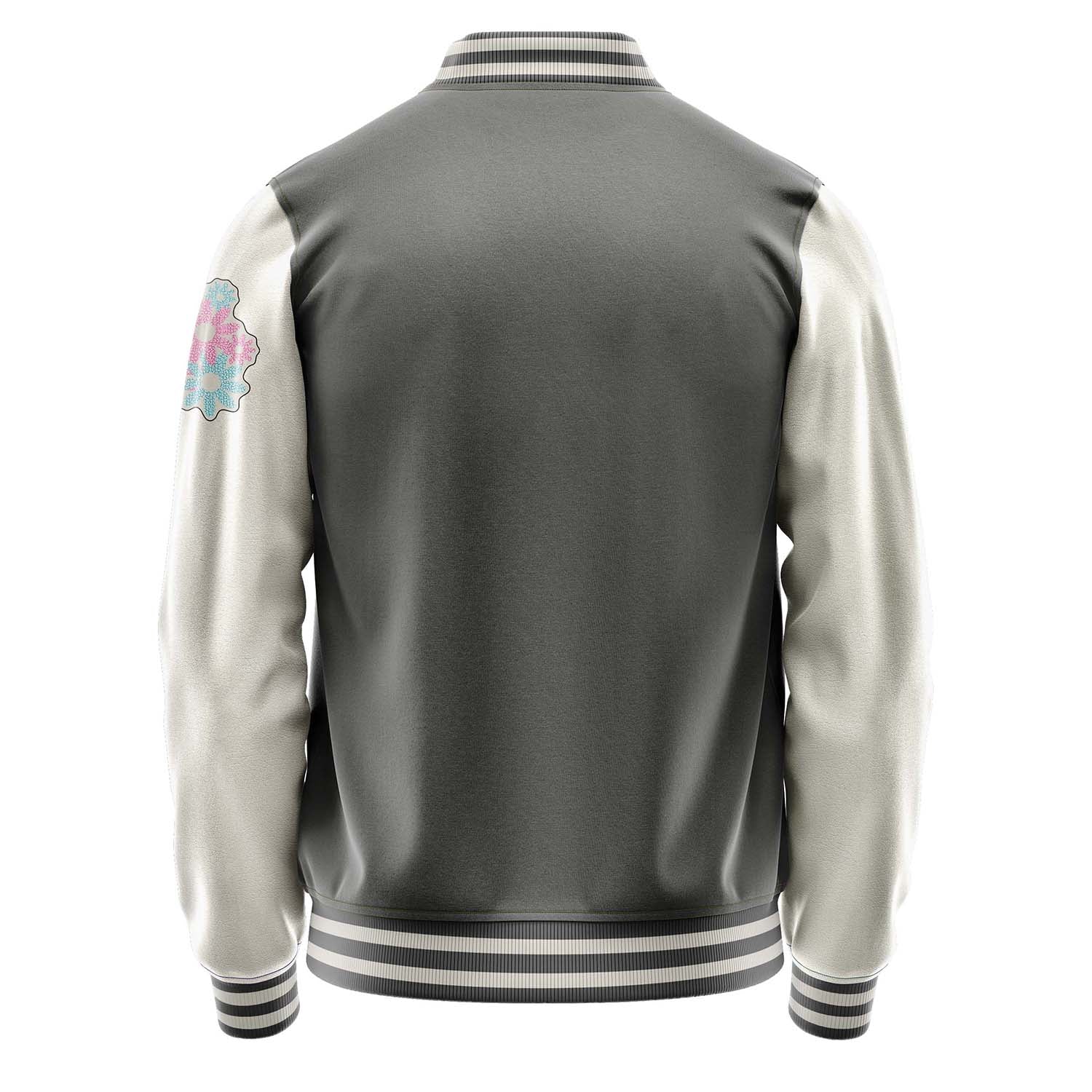 Custom Gray Varsity Jacket Patches Beige Leather Sleeves - Flowers