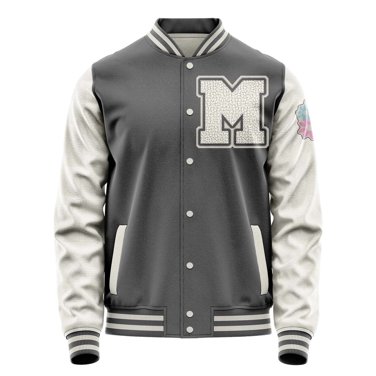 Custom Gray Varsity Jacket Patches Beige Leather Sleeves - Flowers