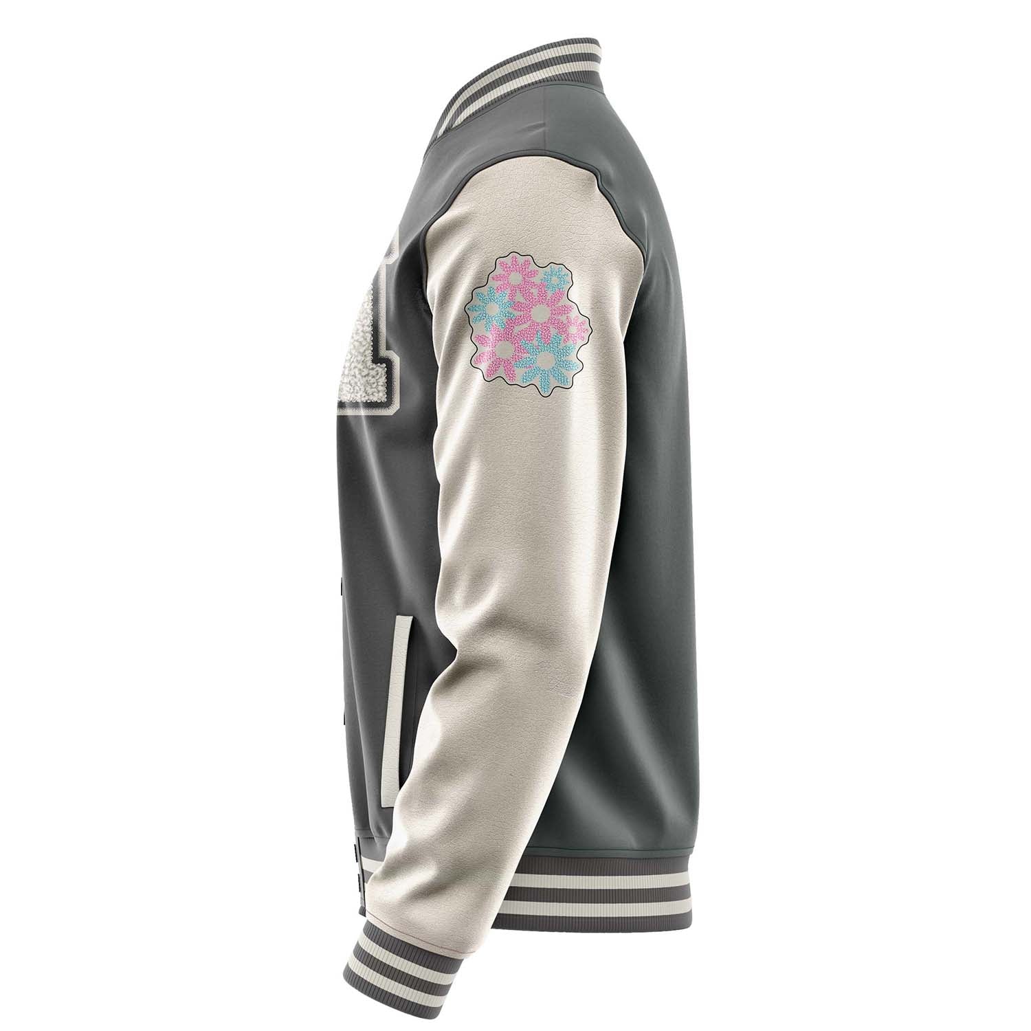 Custom Gray Varsity Jacket Patches Beige Leather Sleeves - Flowers
