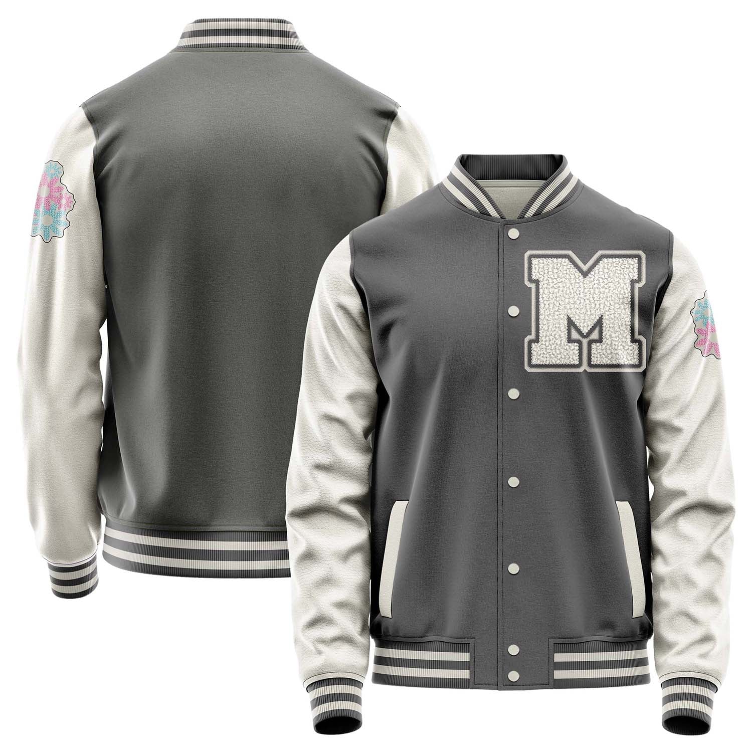 Custom Gray Varsity Jacket Patches Beige Leather Sleeves - Flowers